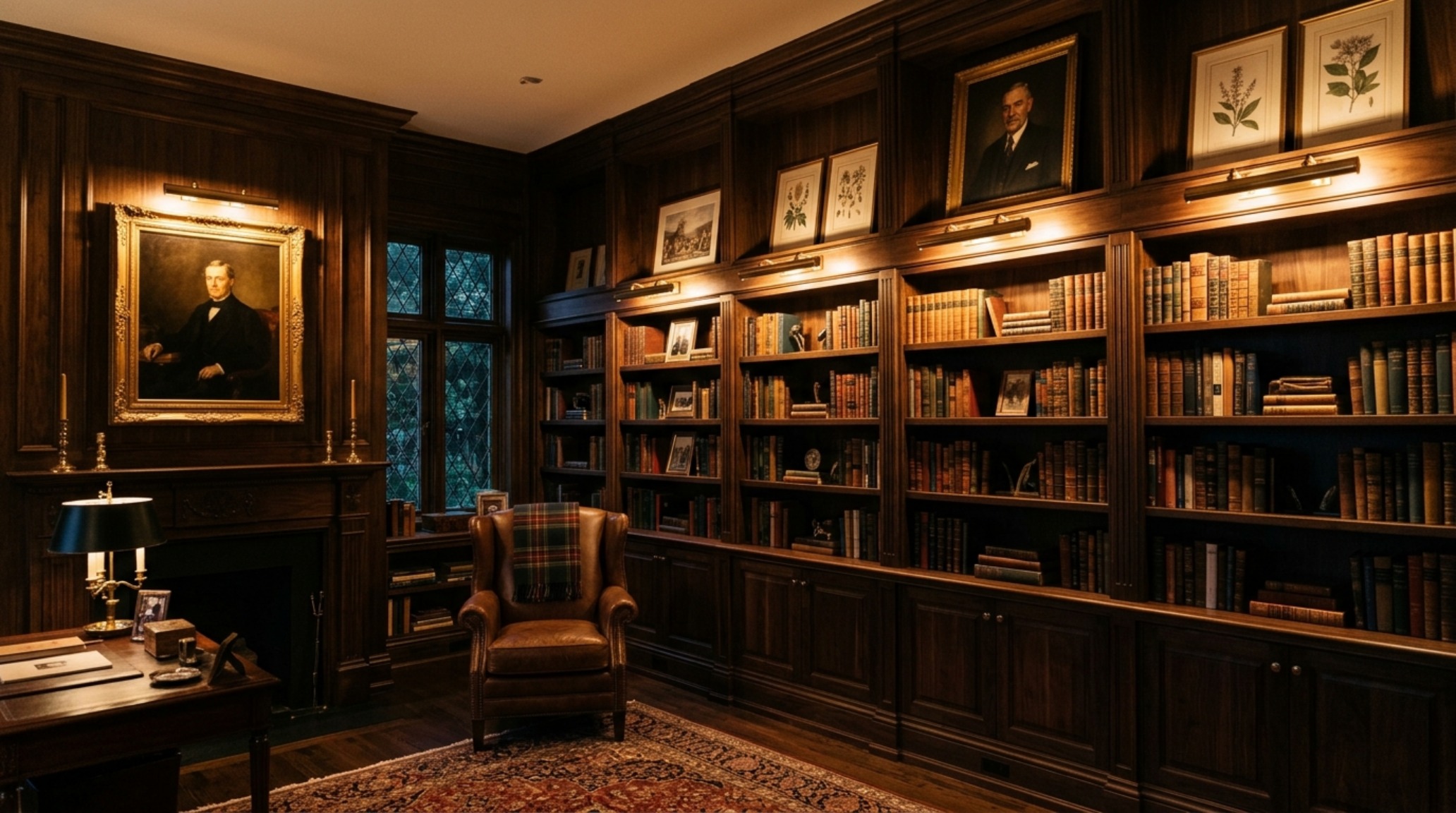 Book shelving lighting guide showing high CRI 90+ directional picture lights illuminating a curated collection of rare vintage books. Book shelving lighting guide showing high CRI 90+ directional picture lights illuminating a curated collection of rare vintage books.