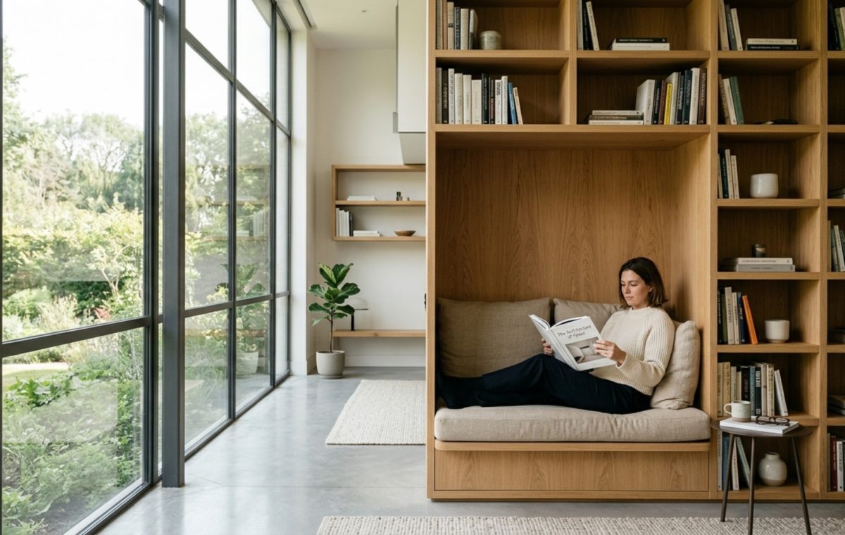 A custom-integrated bookchair set within a wall of minimalist floating shelves in a sun-drenched living room with white oak textures.