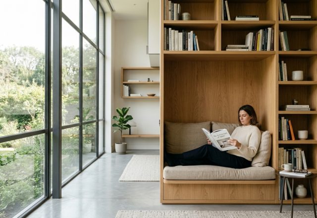 A custom-integrated bookchair set within a wall of minimalist floating shelves in a sun-drenched living room with white oak textures.