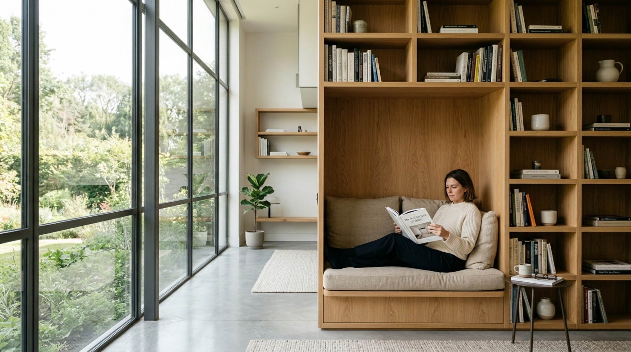 A custom-integrated bookchair set within a wall of minimalist floating shelves in a sun-drenched living room with white oak textures. A custom-integrated bookchair set within a wall of minimalist floating shelves in a sun-drenched living room with white oak textures.