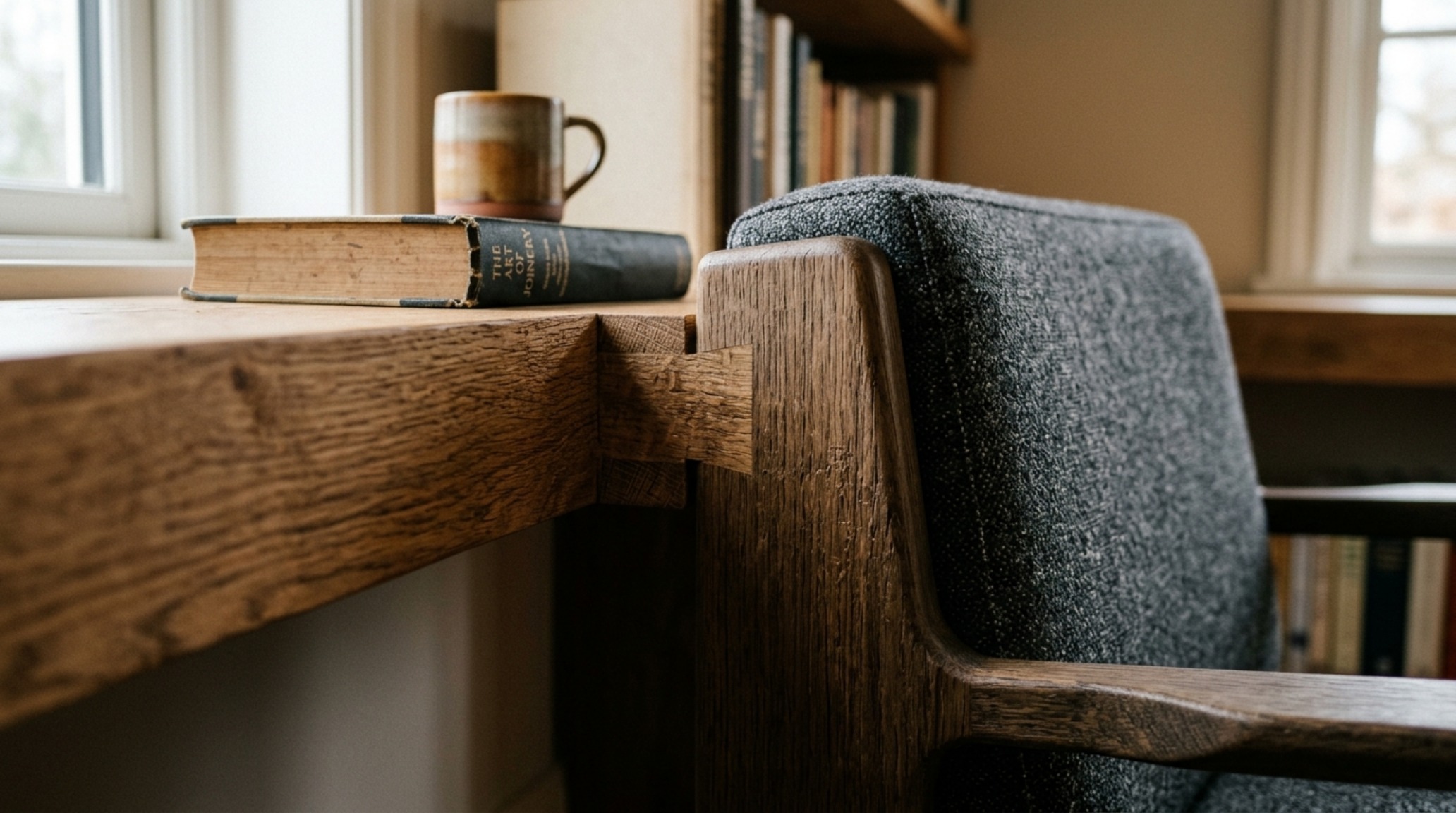 Macro shot of seamless joinery between a fluted oak bookchair frame and a cantilevered floating shelf, showcasing tactile materiality. Macro shot of seamless joinery between a fluted oak bookchair frame and a cantilevered floating shelf, showcasing tactile materiality.