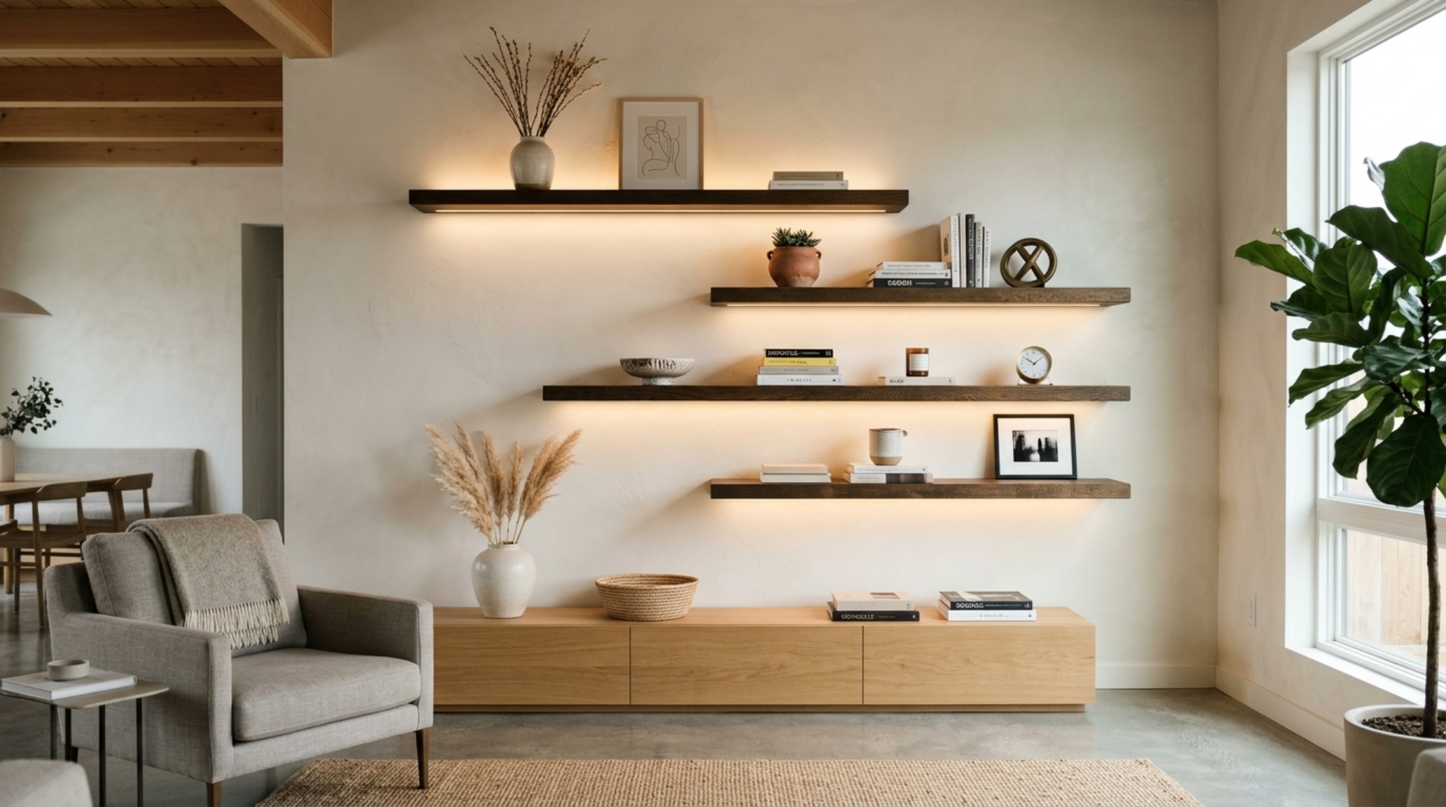 Low-angle architectural view of staggered living room floating shelves with integrated LED lighting and a curated selection of art books. Low-angle architectural view of staggered living room floating shelves with integrated LED lighting and a curated selection of art books.