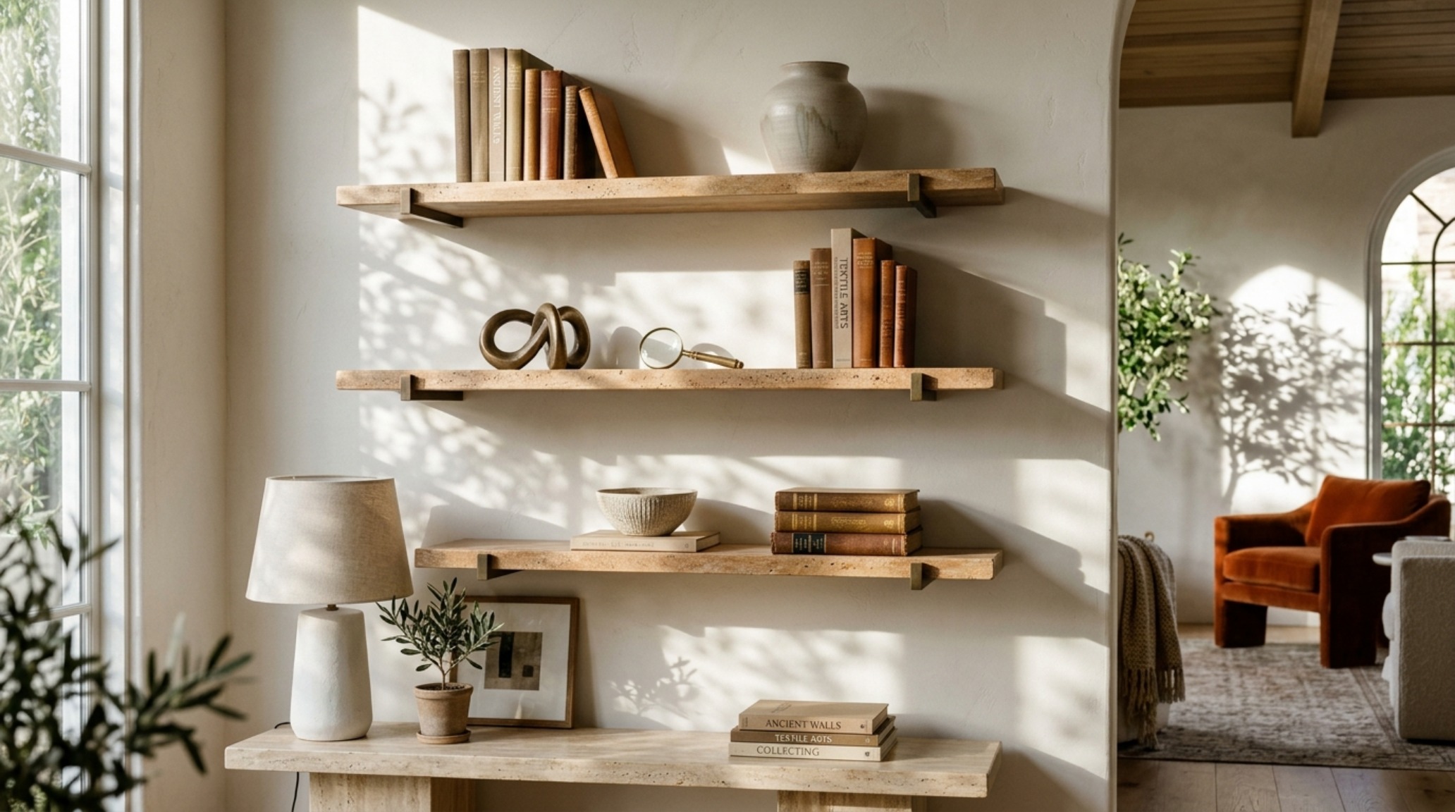 Luxury living room floating shelves featuring honed travertine stone and brushed brass accents in a transitional interior style. Luxury living room floating shelves featuring honed travertine stone and brushed brass accents in a transitional interior style.