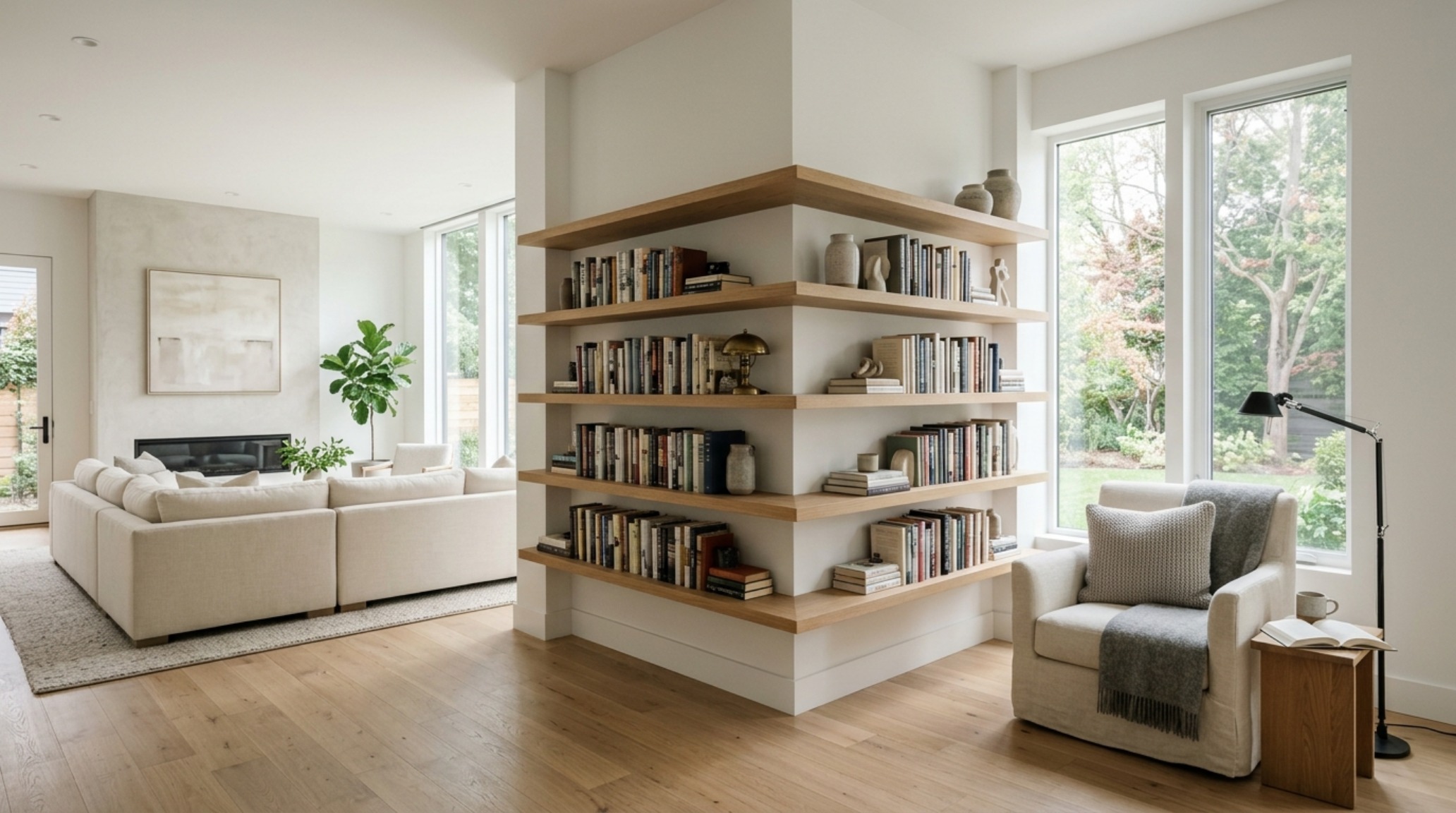 Contemporary open-plan living area showing how floating shelves bridge the gap between the library zone and the main seating area. Contemporary open-plan living area showing how floating shelves bridge the gap between the library zone and the main seating area.