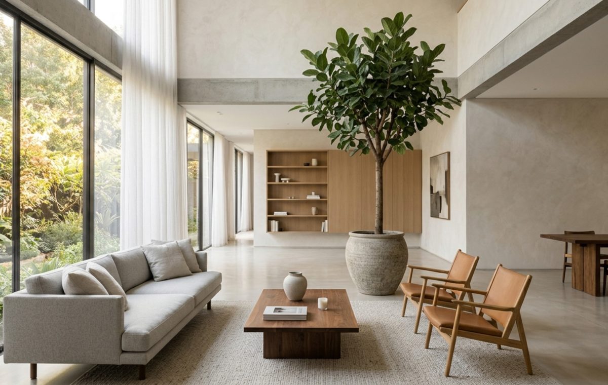 floor plant placement featuring a tall Ficus Audrey in a minimalist living room with 36-inch walkway clearances and honed limestone floors