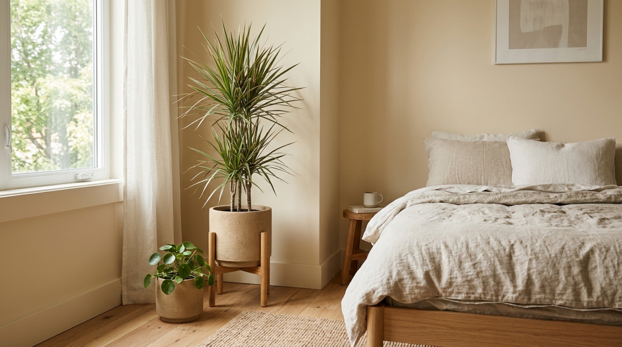 modern indoor planters in a tonal terracotta finish paired with linen upholstery and warm 2700K lighting