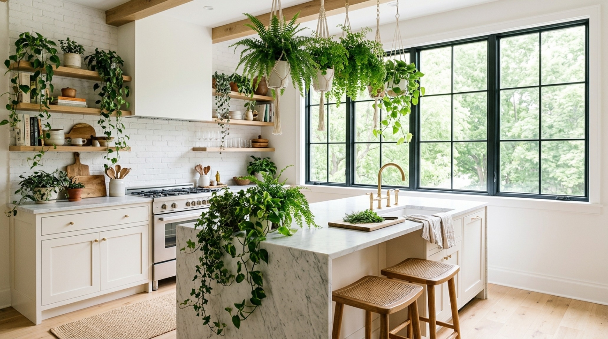 trailing plants for shelves in a kitchen setting with Philodendron leaves catching natural sunlight through high-profile window treatments