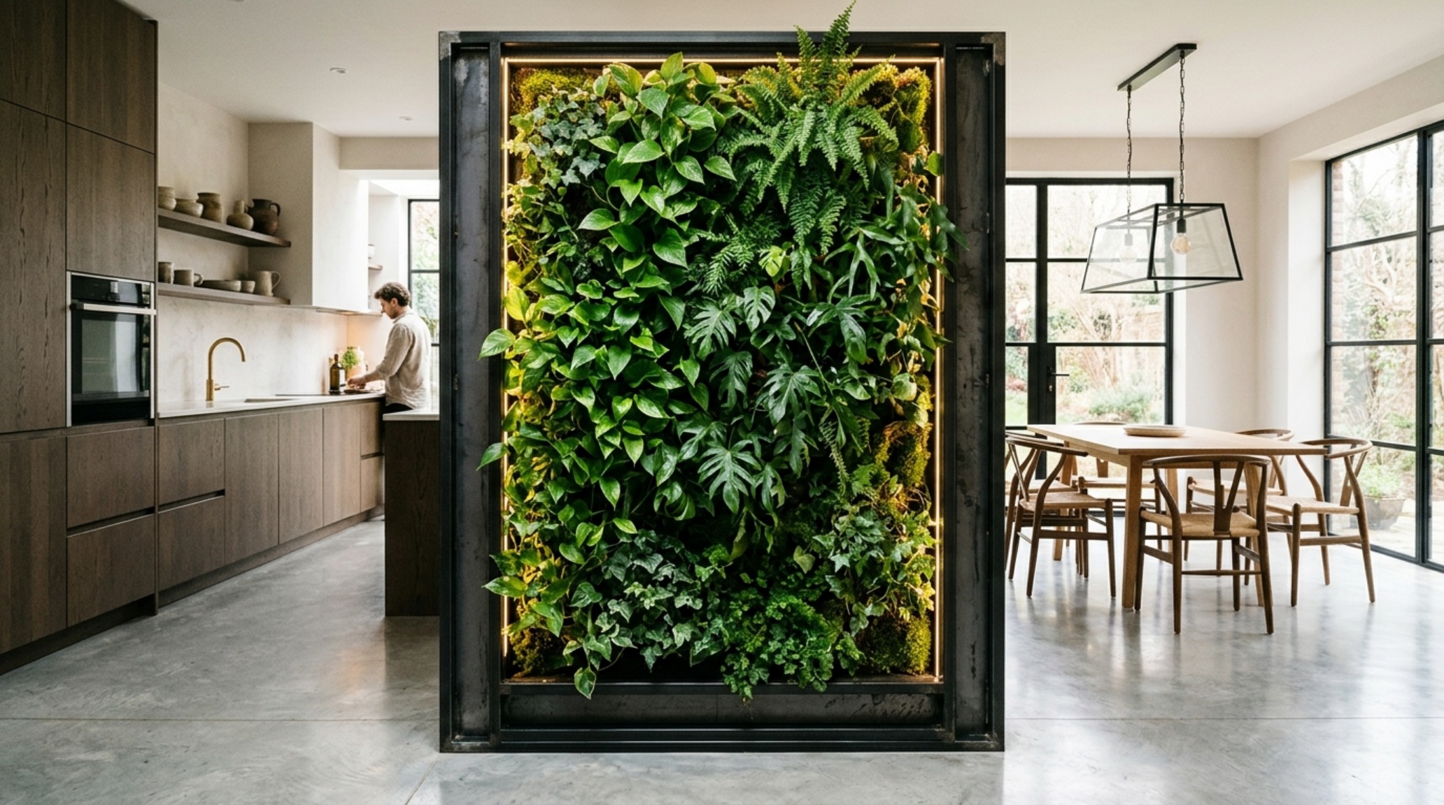 vertical garden indoor used as a room divider between a dining area and kitchen with integrated 3000K high CRI LED lighting