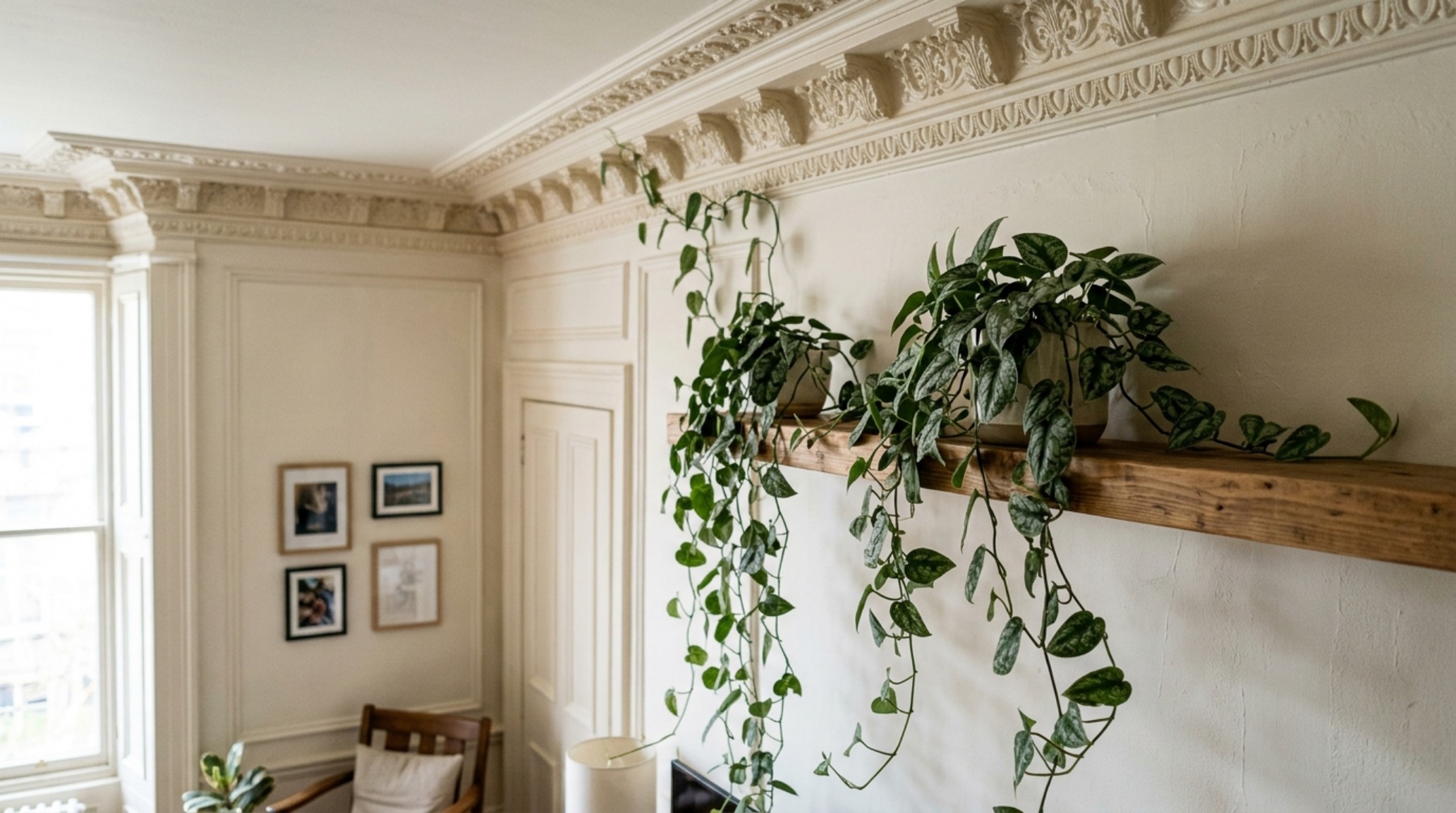 trailing plants for shelves with Pothos cascading from custom walnut cabinetry near detailed crown molding and warm ambient light
