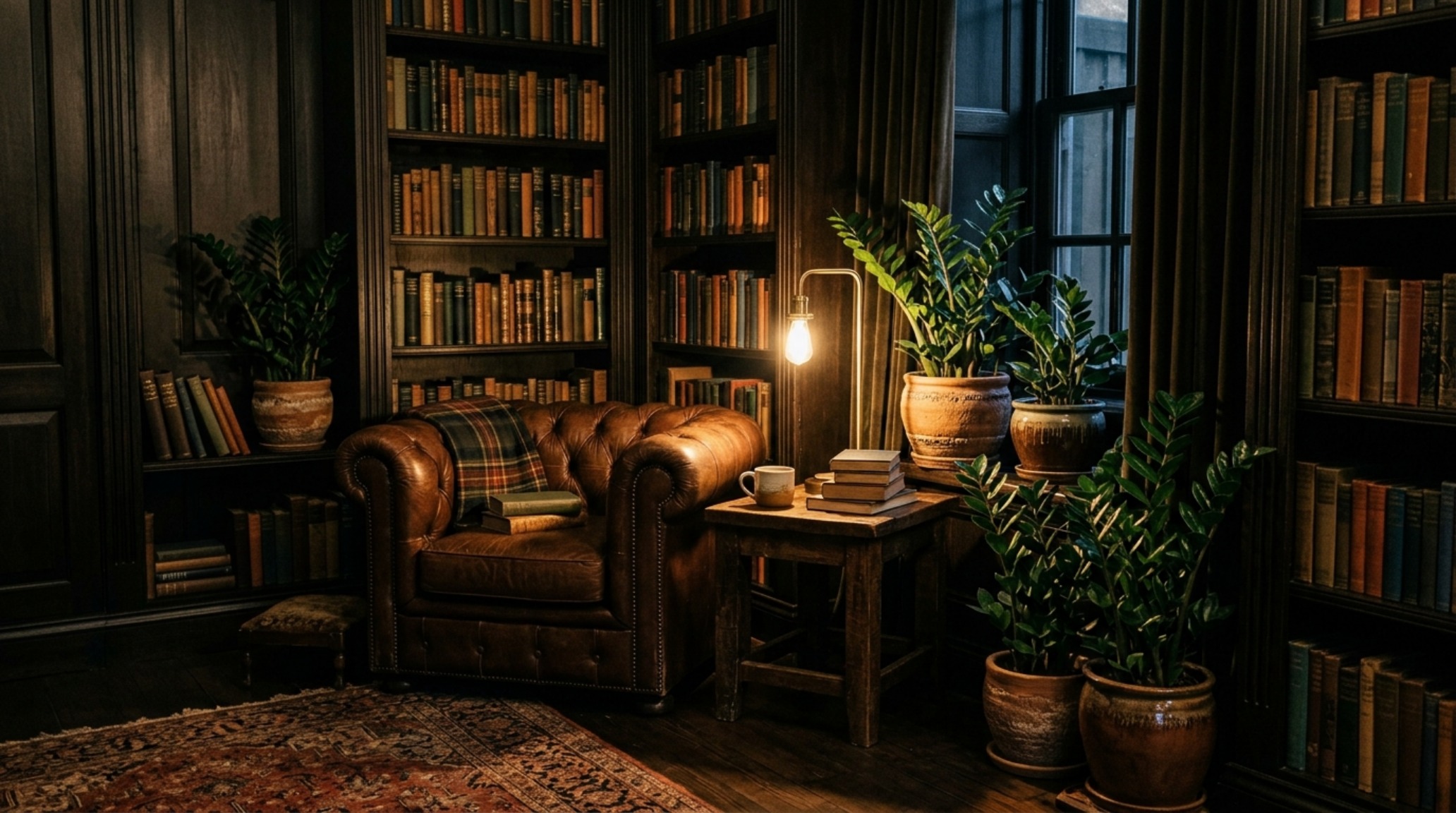 low light indoor plants like ZZ plants and Sansevieria arranged in a moody library with dark-toned Farrow & Ball paint