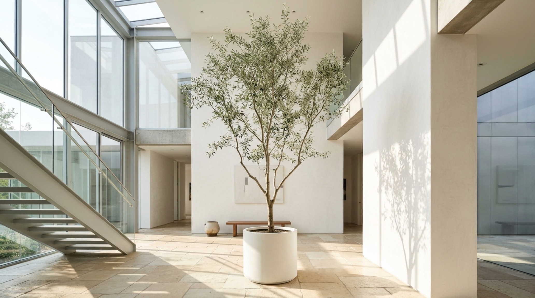 floor plant placement of a branched Olive Tree in a double-height atrium highlighting the golden ratio of plant to ceiling height