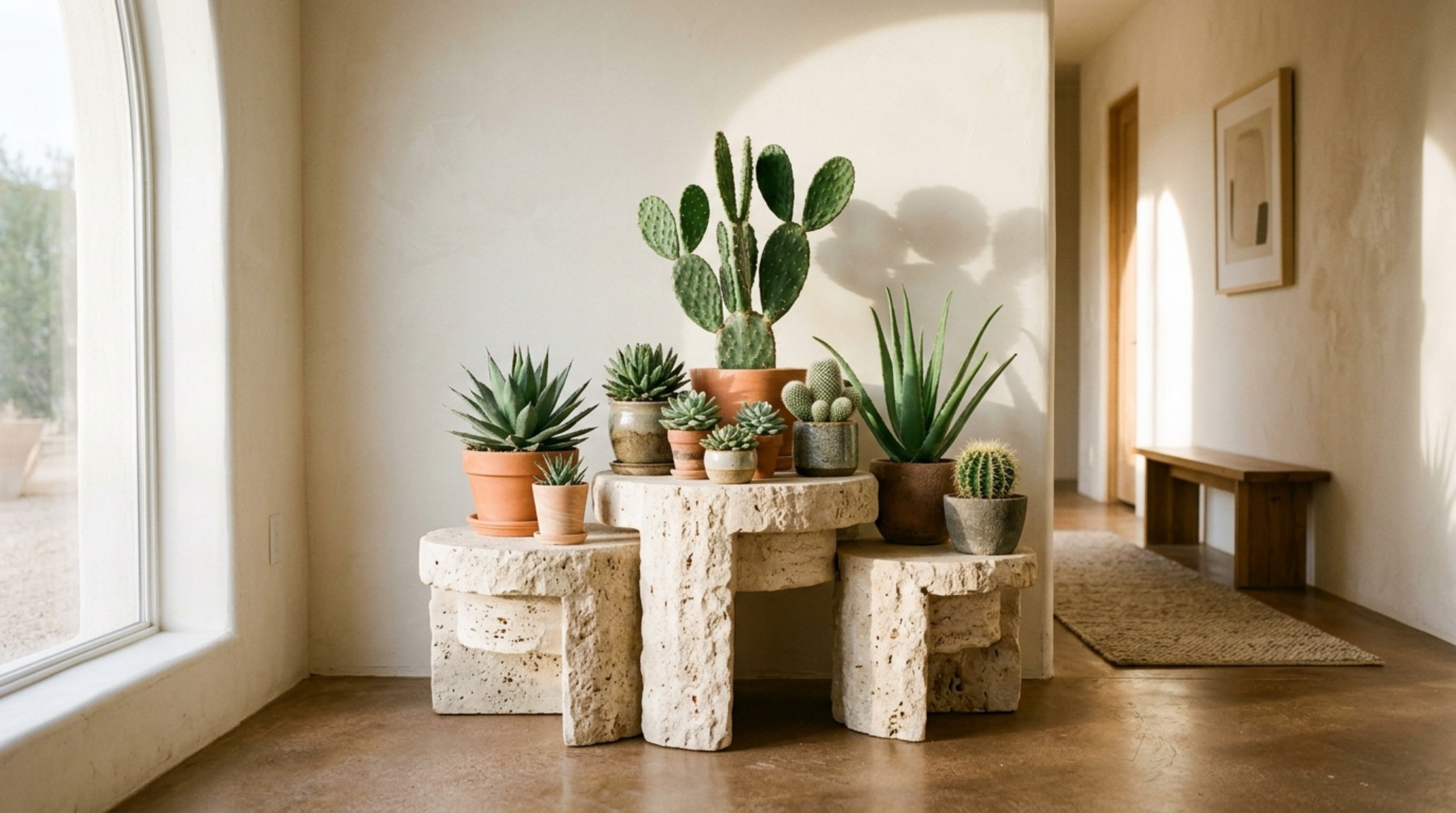 luxury plant stands made of tiered travertine plinths displaying architectural succulents in a sun-drenched morning room