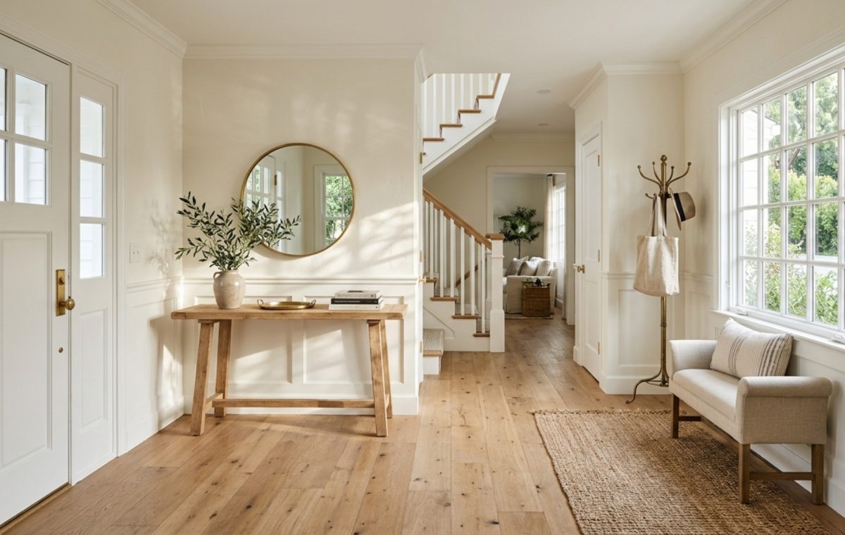 A sun-drenched foyer in a Studio City Cape Cod home featuring white oak floors and Benjamin Moore Swiss Coffee walls.