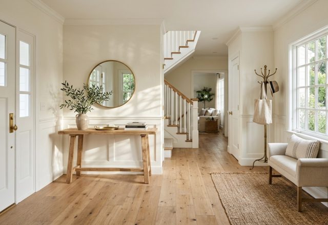 A sun-drenched foyer in a Studio City Cape Cod home featuring white oak floors and Benjamin Moore Swiss Coffee walls.