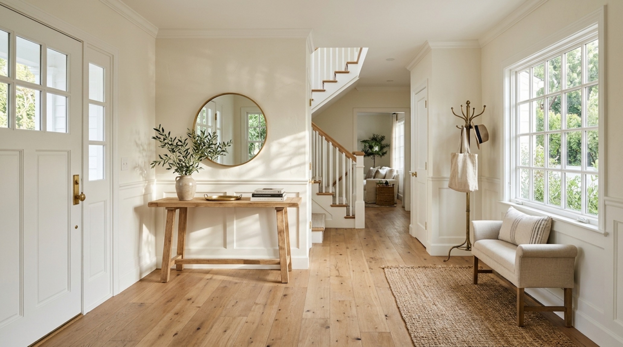 A sun-drenched foyer in a Studio City Cape Cod home featuring white oak floors and Benjamin Moore Swiss Coffee walls. A sun-drenched foyer in a Studio City Cape Cod home featuring white oak floors and Benjamin Moore Swiss Coffee walls.
