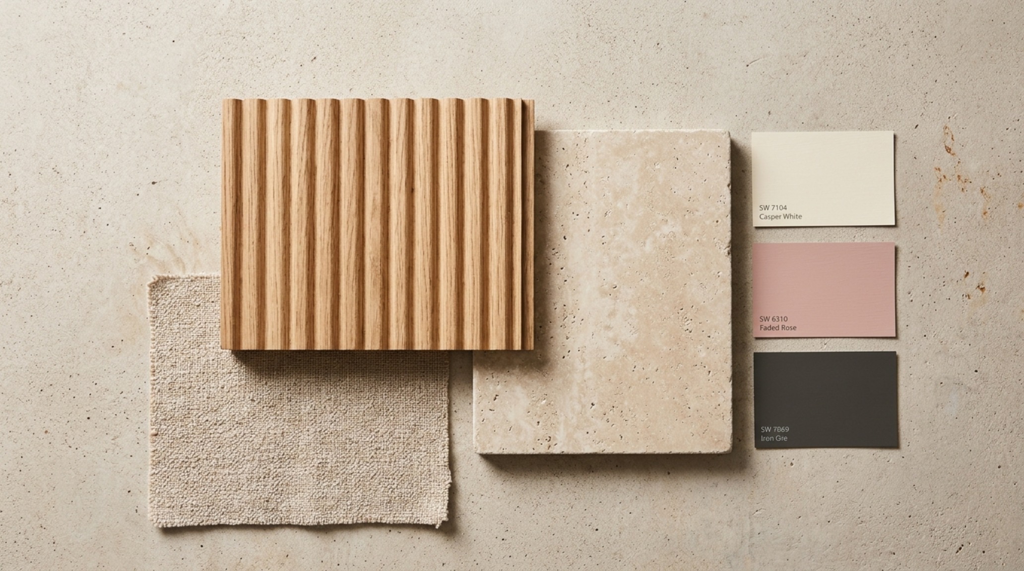 A curated mood board featuring fluted oak, travertine stone, and neutral paint swatches for boy meets world house studio city decor ideas textures. A curated mood board featuring fluted oak, travertine stone, and neutral paint swatches for boy meets world house studio city decor ideas textures.