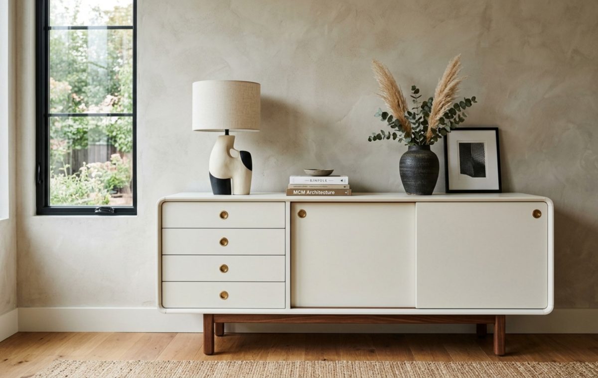 A matte-finished chalk paint credenza in a soft greige tone against a limewashed wall, showcasing architectural depth and shadow play.