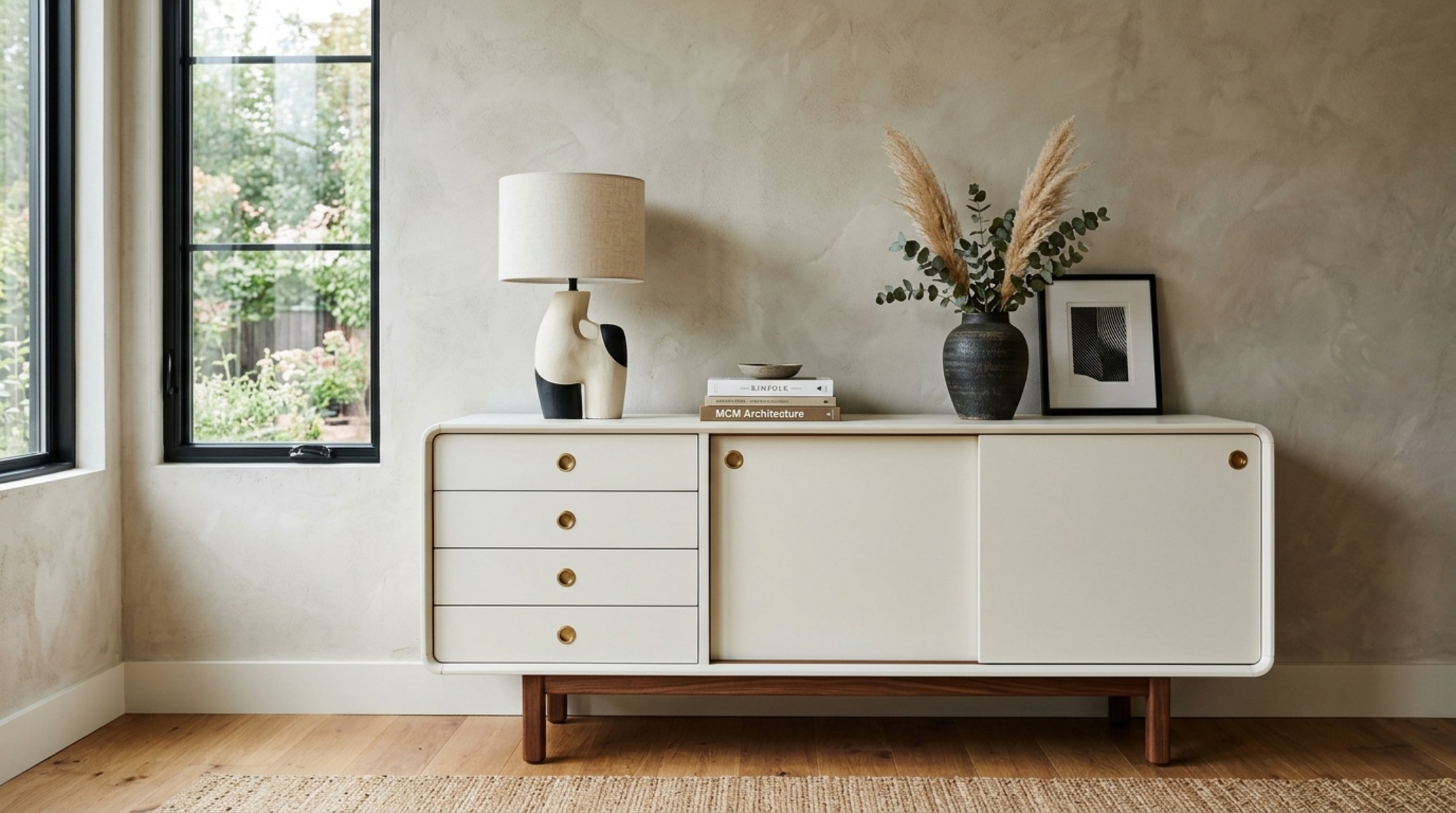 A matte-finished chalk paint credenza in a soft greige tone against a limewashed wall, showcasing architectural depth and shadow play. A matte-finished chalk paint credenza in a soft greige tone against a limewashed wall, showcasing architectural depth and shadow play.