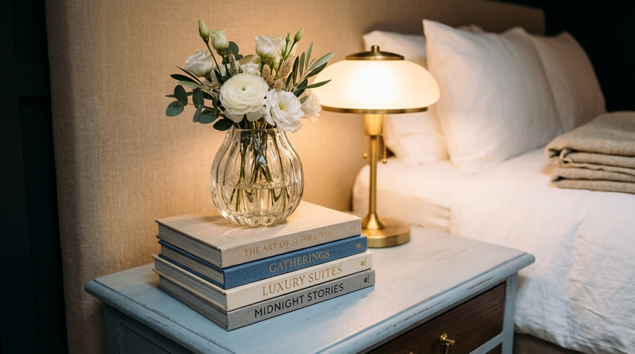 A sculptural chalk-painted nightstand in a high-end bedroom, paired with 3000K task lighting and linen-bound books for a curated look. A sculptural chalk-painted nightstand in a high-end bedroom, paired with 3000K task lighting and linen-bound books for a curated look.