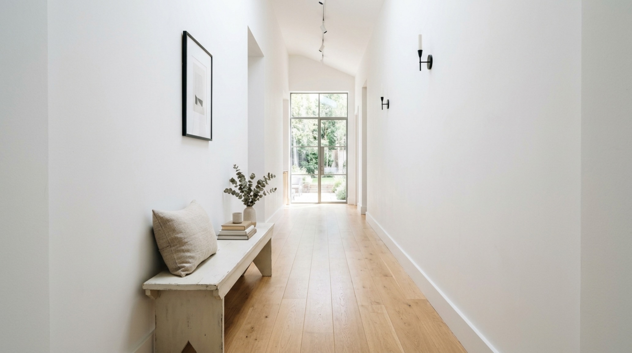 Visual weight management in a narrow hallway using a chalk-painted bench in a light sand color to maintain negative space breathing room. Visual weight management in a narrow hallway using a chalk-painted bench in a light sand color to maintain negative space breathing room.