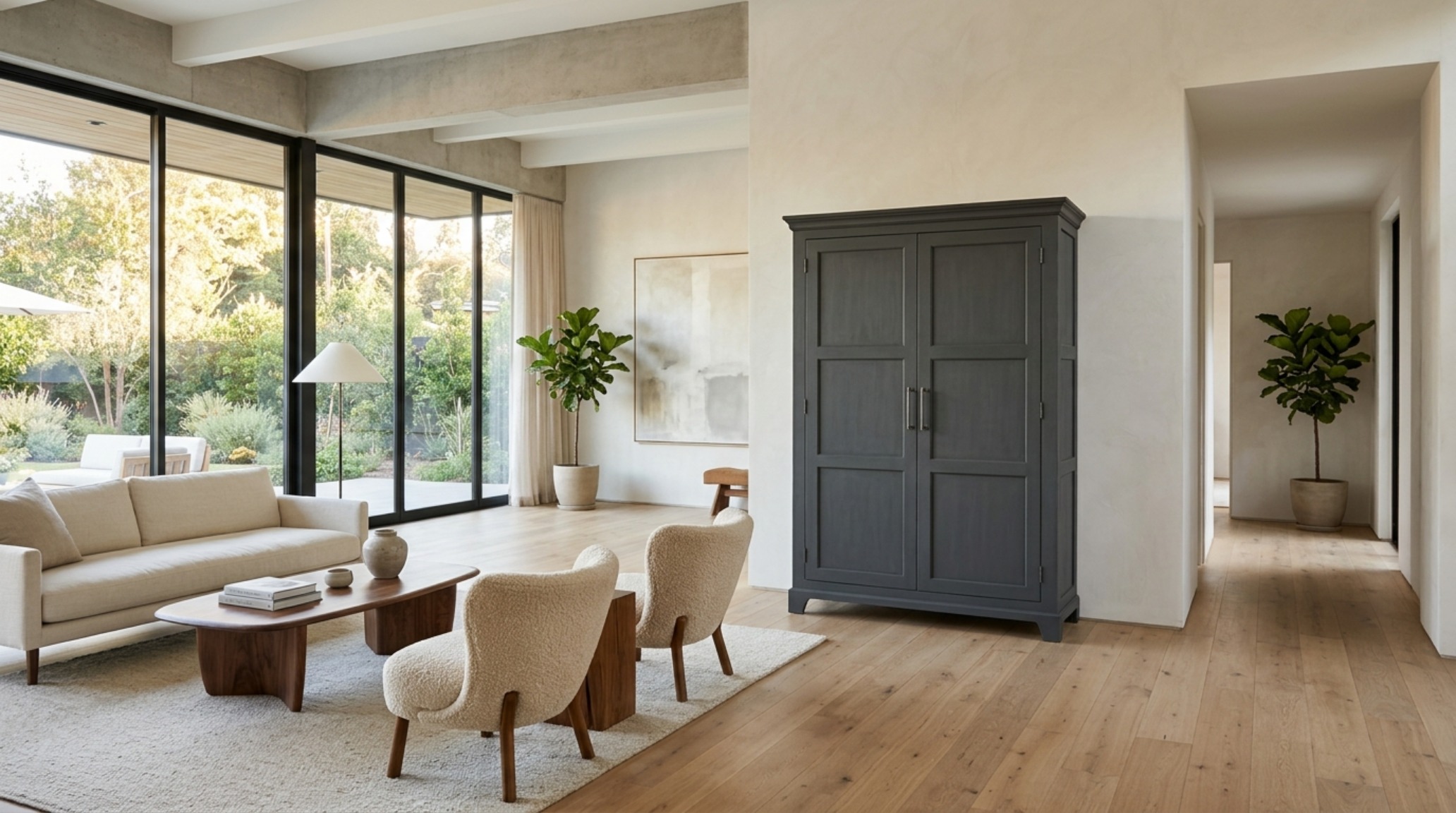 Spacious living room layout with 36-inch walkway clearances around a signature chalk-painted armoire in charcoal black. Spacious living room layout with 36-inch walkway clearances around a signature chalk-painted armoire in charcoal black.