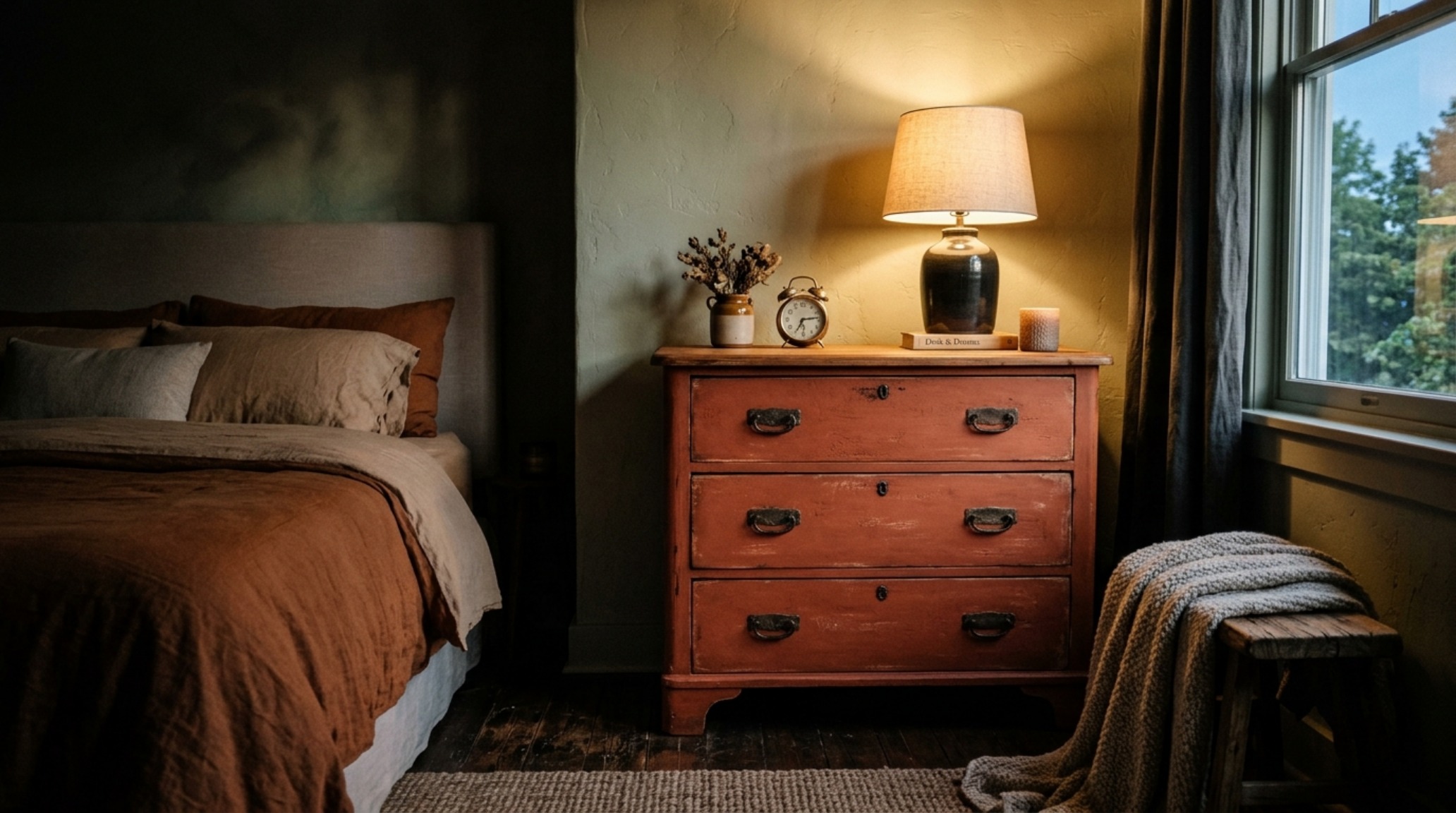 Atmospheric 2700K warm lighting illuminating a chalk-painted dresser in a master bedroom, emphasizing matte materiality and high CRI rendering. Atmospheric 2700K warm lighting illuminating a chalk-painted dresser in a master bedroom, emphasizing matte materiality and high CRI rendering.