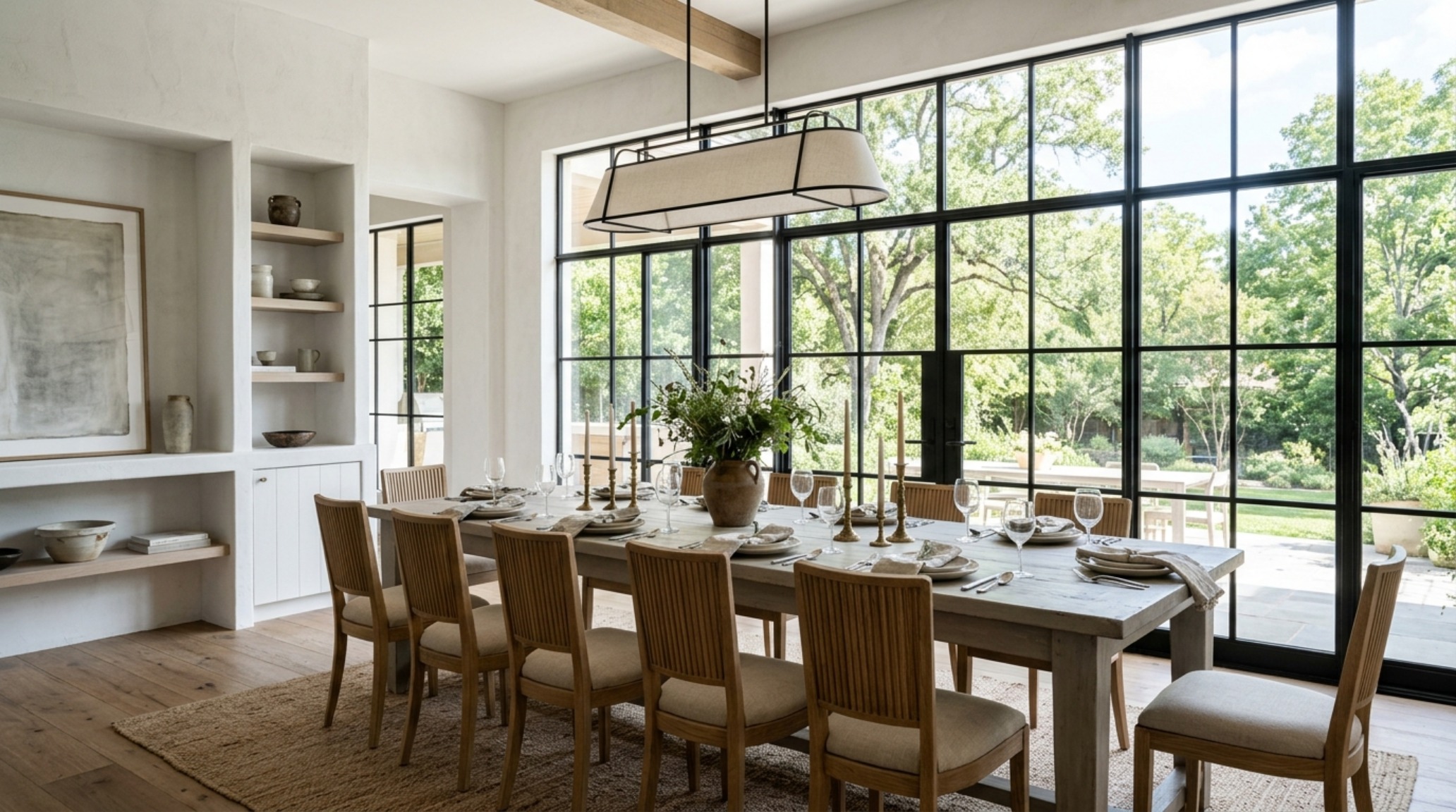 A modern dining space with a chalk-painted table in French Linen, surrounded by fluted white oak chairs and a honed travertine centerpiece. A modern dining space with a chalk-painted table in French Linen, surrounded by fluted white oak chairs and a honed travertine centerpiece.
