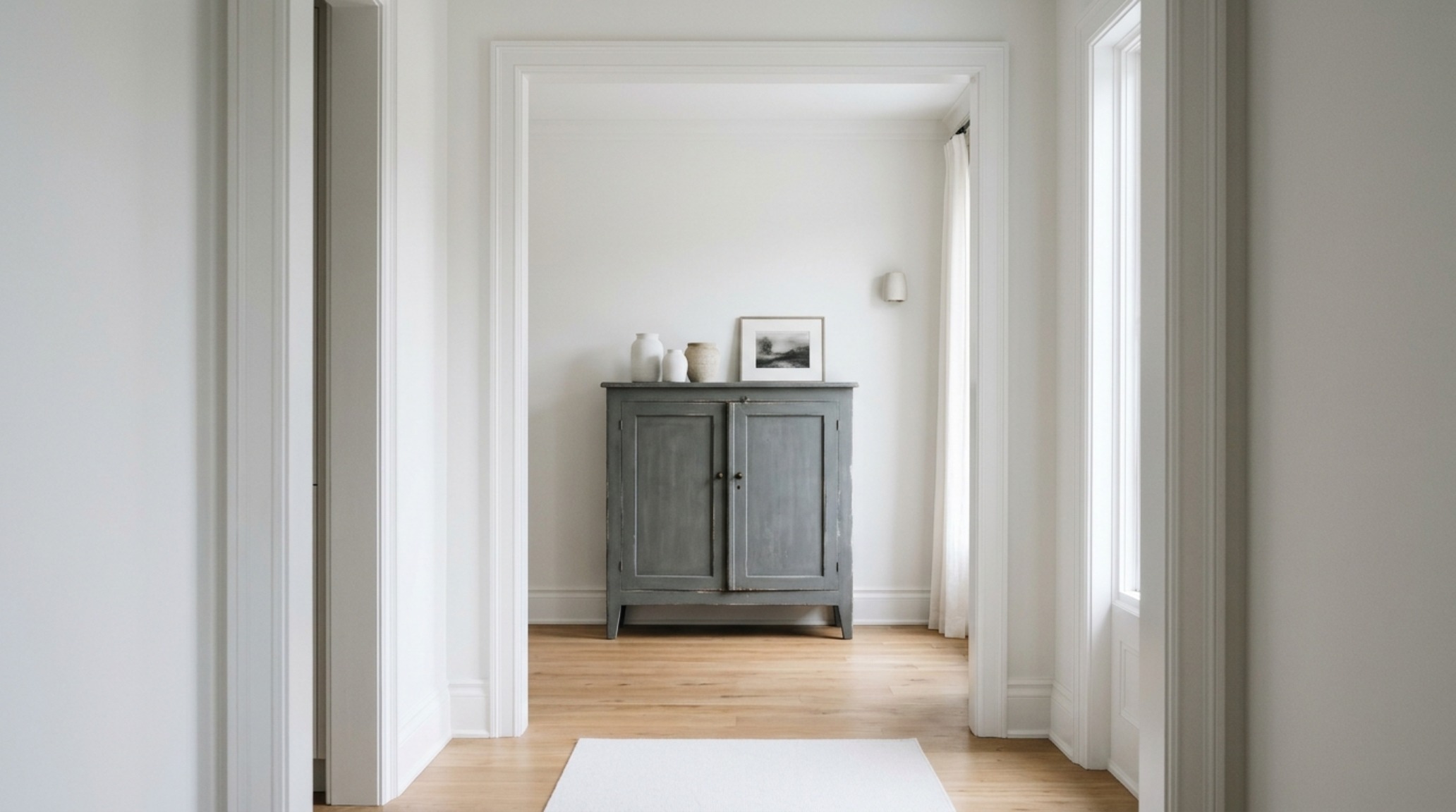 Sightline alignment in a minimalist home featuring a large chalk-painted hutch that recedes into the soft-white architectural background. Sightline alignment in a minimalist home featuring a large chalk-painted hutch that recedes into the soft-white architectural background.