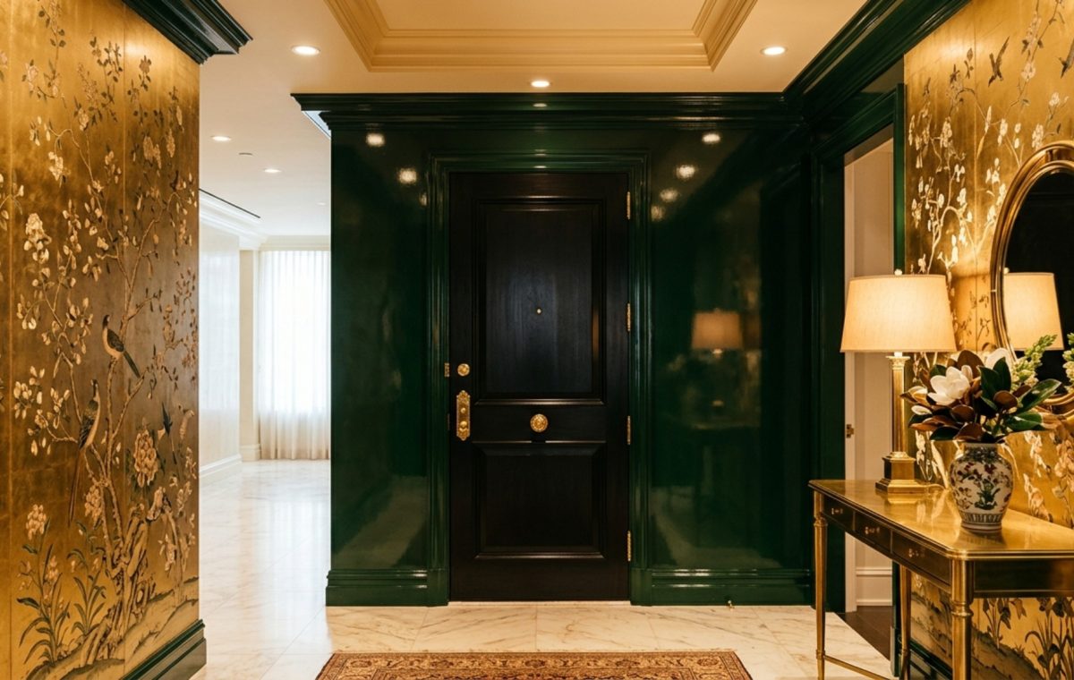 A narrow luxury foyer featuring high-gloss dark green lacquered walls and metallic silk Chinoiserie wallpaper in Carson Kressley's signature style.