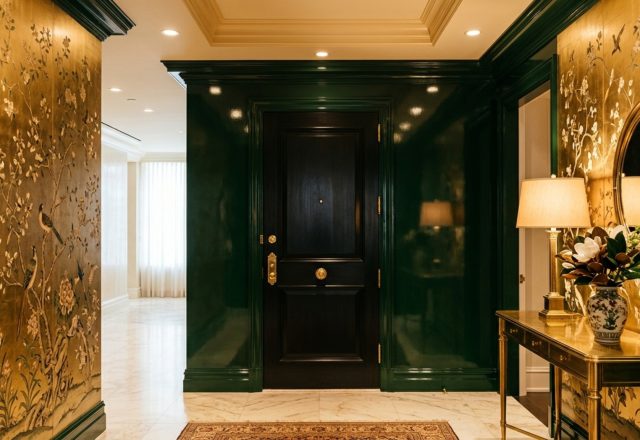 A narrow luxury foyer featuring high-gloss dark green lacquered walls and metallic silk Chinoiserie wallpaper in Carson Kressley's signature style.