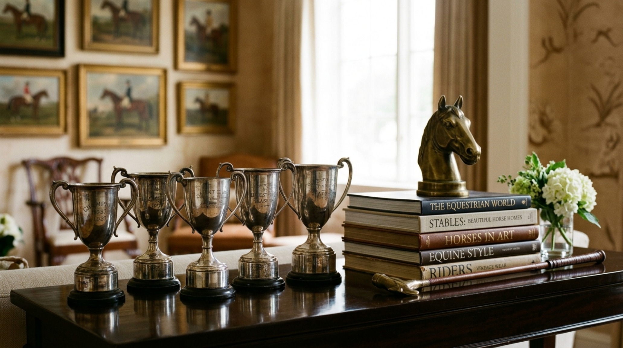A collection of vintage riding boots and equestrian trophies displayed on a dark wood credenza under a brass picture light.