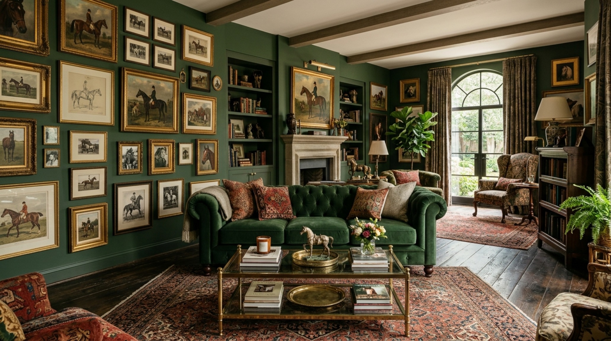 Maximalist living room with a forest green velvet sofa, polished brass accents, and equestrian art pieces reflecting carson kressley nyc apartment tour decor ideas.