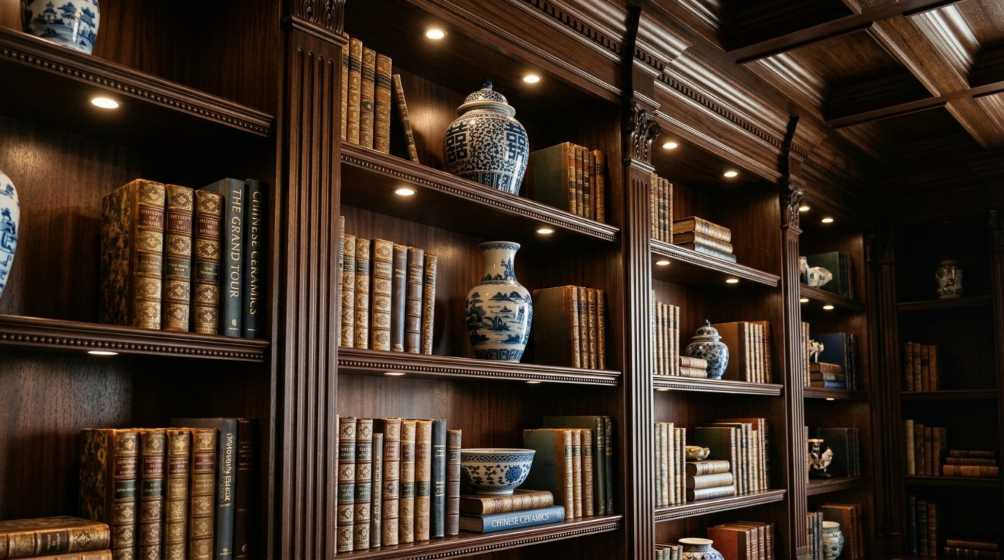 Bespoke library shelving reaching the ceiling, styled with Chinoiserie porcelain and vintage trophies using glamorous apartment storage solutions.