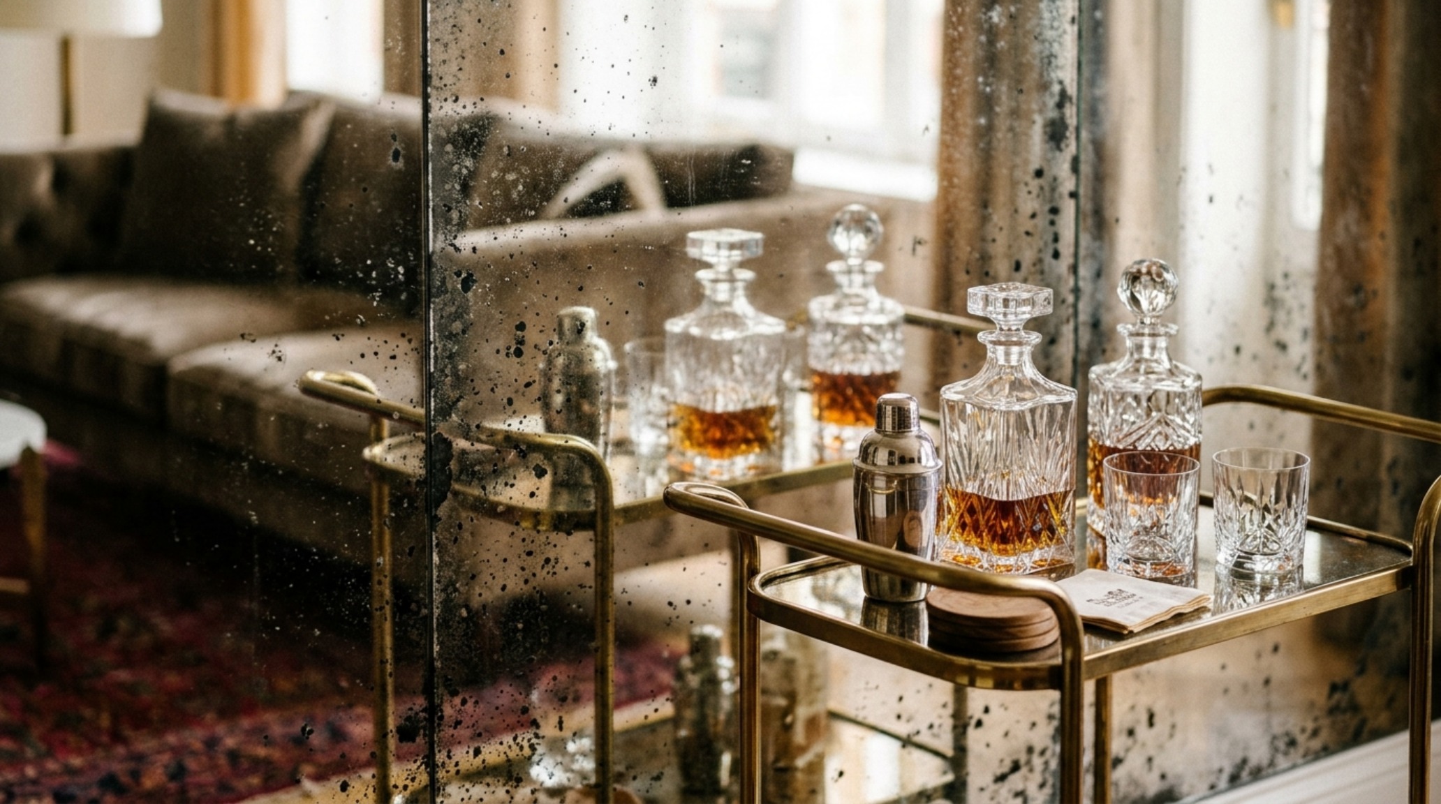 Detail of a foxed mirror wall reflecting a brass bar cart and crystal decanters, illustrating how to style a mirrored wall nyc apartment.