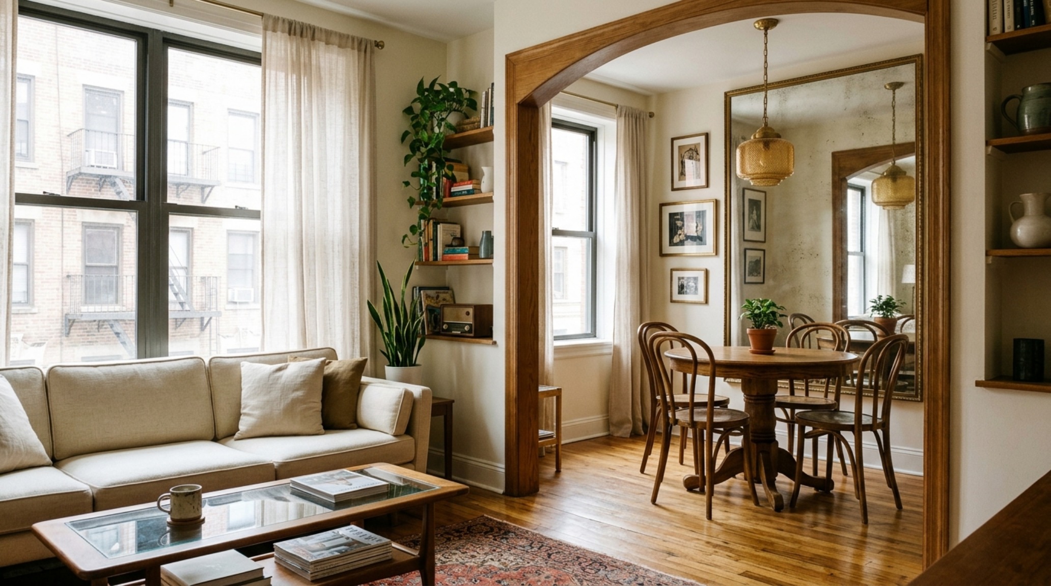 Architectural view of a 36-inch walkway between a mahogany console and a velvet armchair in a maximalist small apartment design.