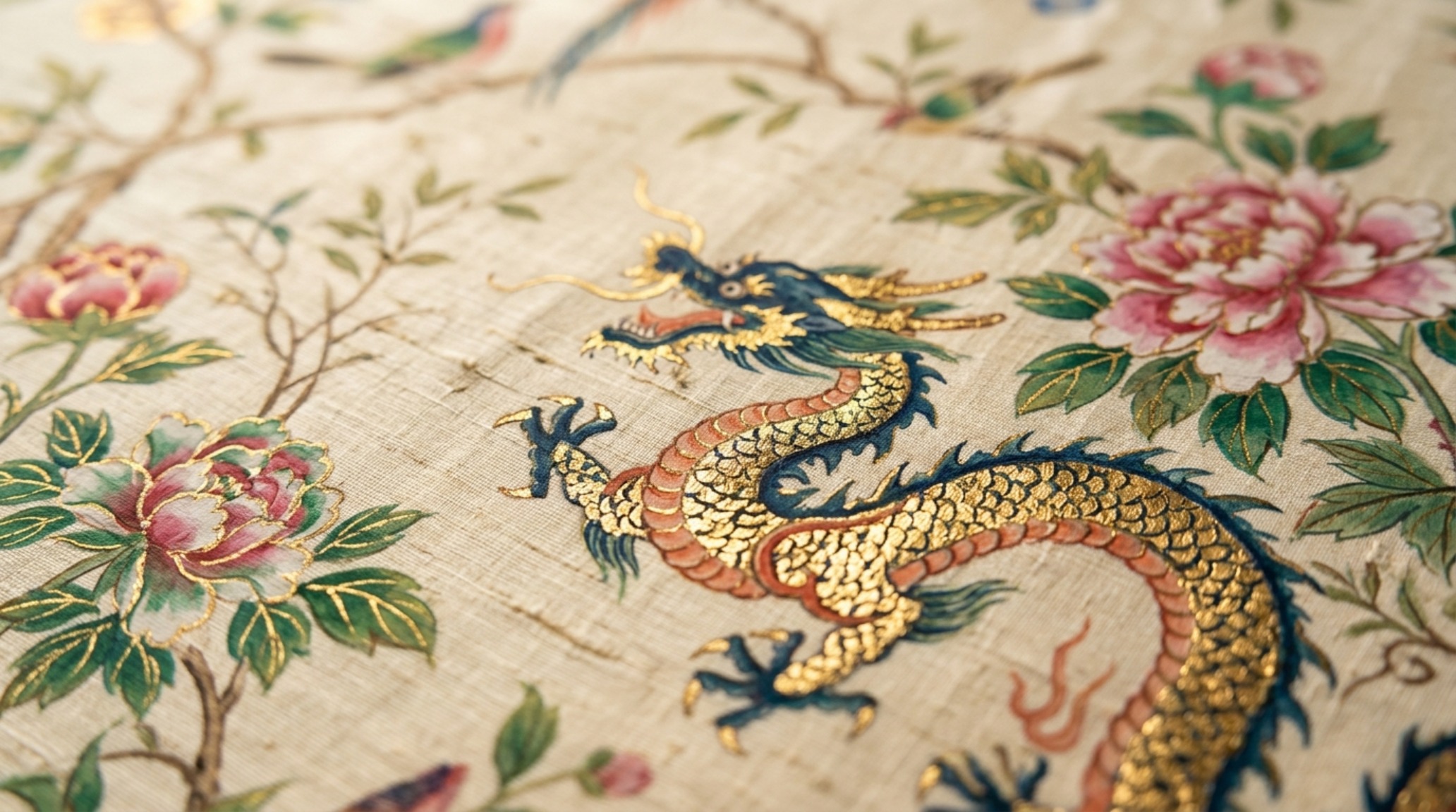 High-CRI 90+ lighting illuminating a Chinoiserie wall panel with golden bird motifs and deep teal floral patterns.