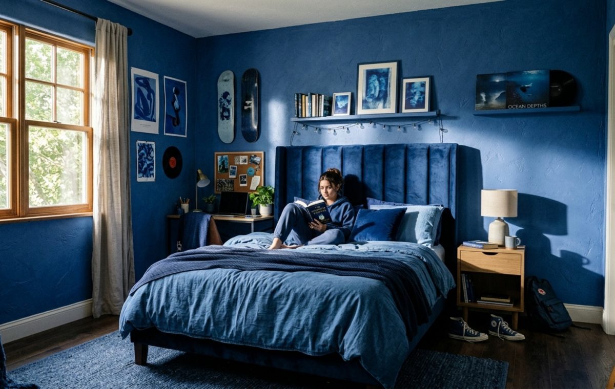 Teen room color palettes featuring a monochromatic desaturated blue scheme with velvet upholstery and matte wall finishes in a 16:9 architectural view.