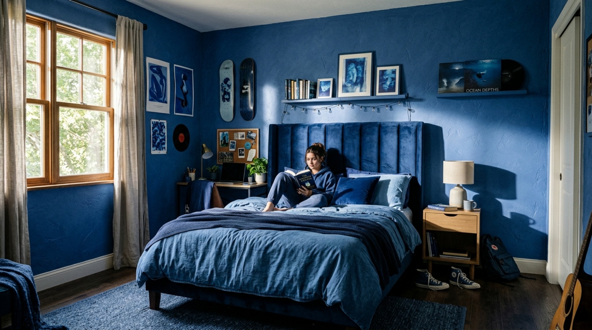 Teen room color palettes featuring a monochromatic desaturated blue scheme with velvet upholstery and matte wall finishes in a 16:9 architectural view. Teen room color palettes featuring a monochromatic desaturated blue scheme with velvet upholstery and matte wall finishes in a 16:9 architectural view.