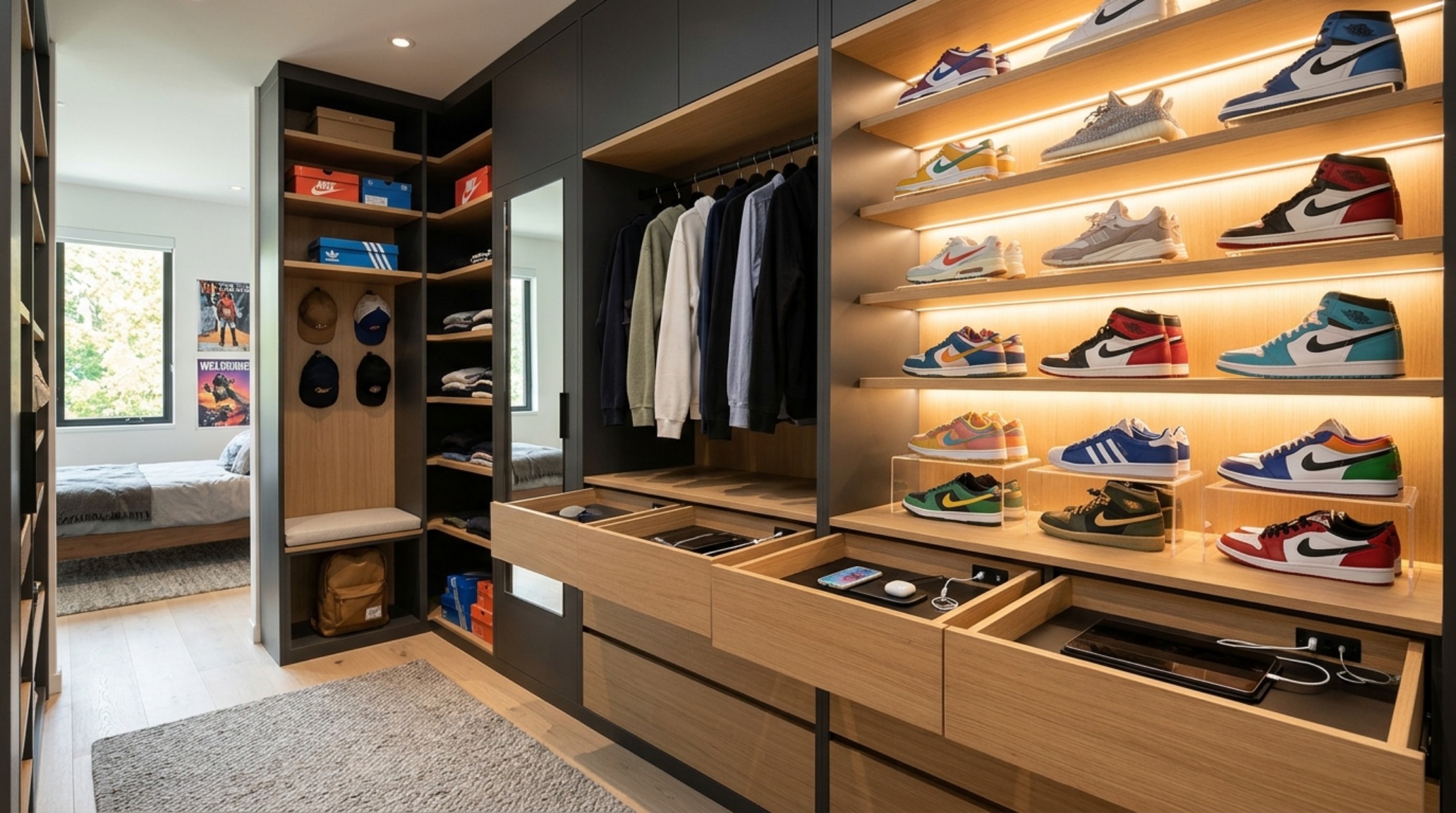 Built-in storage for teenagers showing a concealed tech charging station and organized sneaker display with integrated accent lighting. Built-in storage for teenagers showing a concealed tech charging station and organized sneaker display with integrated accent lighting.