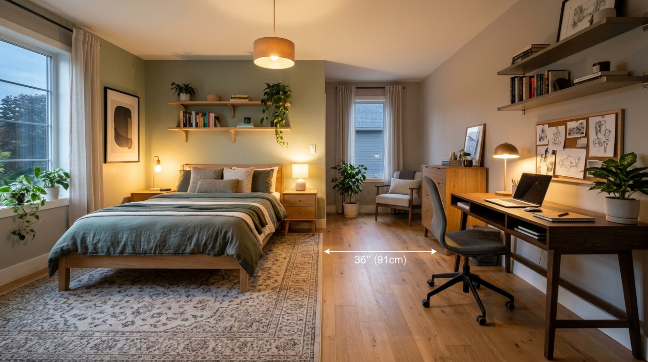 Bedroom zoning strategies showing a distinct separation between a sleep area with a low-profile bed and a study zone with 36-inch walkway clearance. Bedroom zoning strategies showing a distinct separation between a sleep area with a low-profile bed and a study zone with 36-inch walkway clearance.