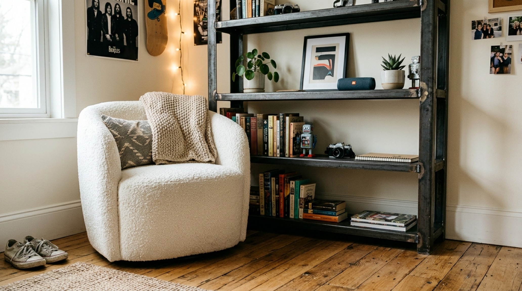 Gen Z interior design trends highlighting a mix of industrial metal accents and soft boucle textures in a modern bedroom setting. Gen Z interior design trends highlighting a mix of industrial metal accents and soft boucle textures in a modern bedroom setting.