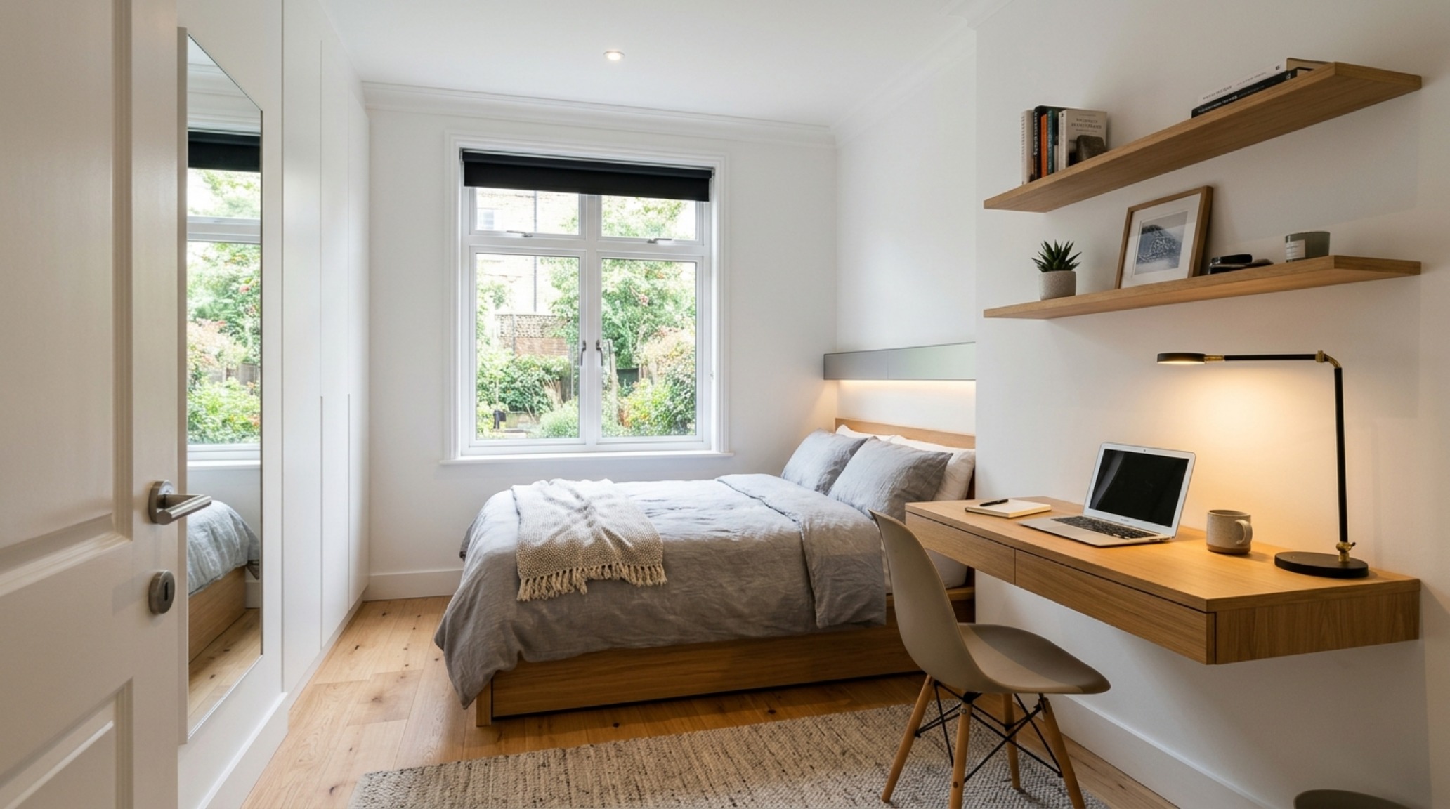 Space-saving teen furniture including a cantilevered desk integrated into a custom bookshelf system for maximum floor efficiency. Space-saving teen furniture including a cantilevered desk integrated into a custom bookshelf system for maximum floor efficiency.