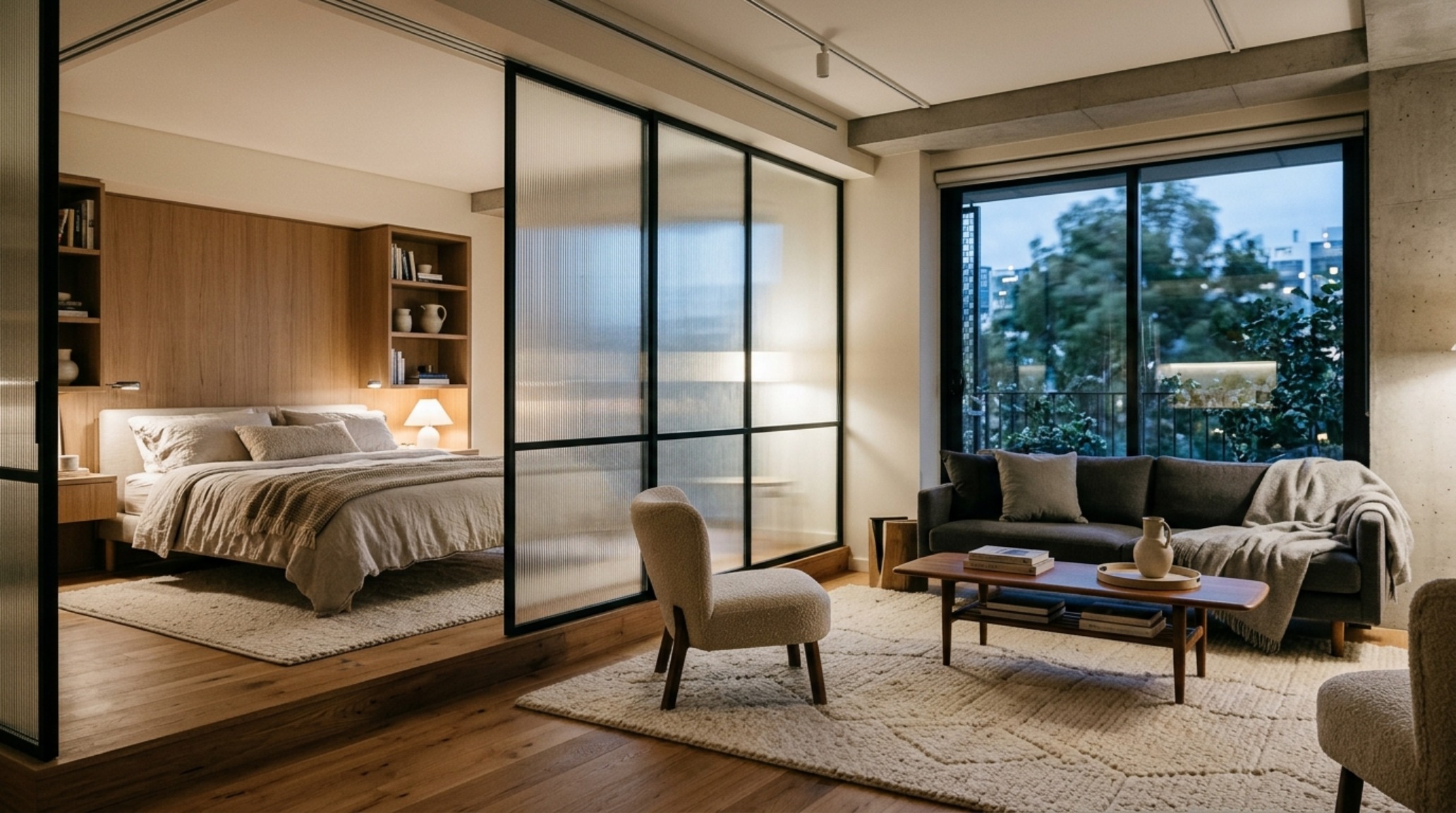 Bedroom zoning strategies using a floating glass partition and a wool rug to define an architectural lounging corner. Bedroom zoning strategies using a floating glass partition and a wool rug to define an architectural lounging corner.