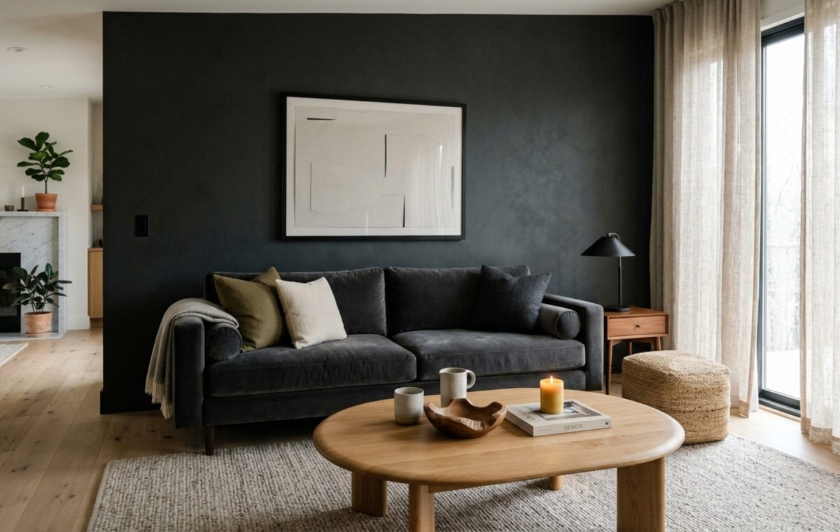color psychology for modern living rooms featuring a deep charcoal accent wall and low-profile velvet seating with 18-inch coffee table clearance