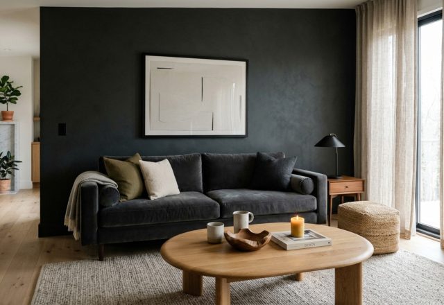color psychology for modern living rooms featuring a deep charcoal accent wall and low-profile velvet seating with 18-inch coffee table clearance