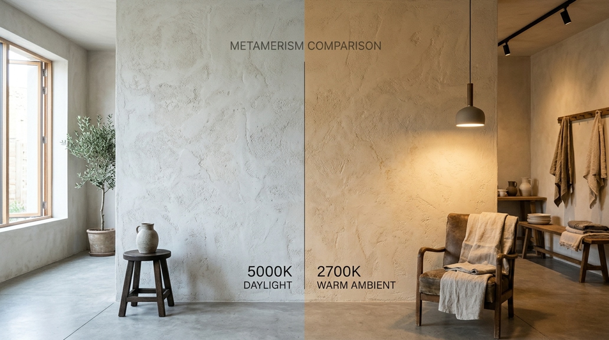 impact of lighting on paint colors showing the shift from 5000K daylight to 2700K warm evening glow on a neutral limestone-washed wall