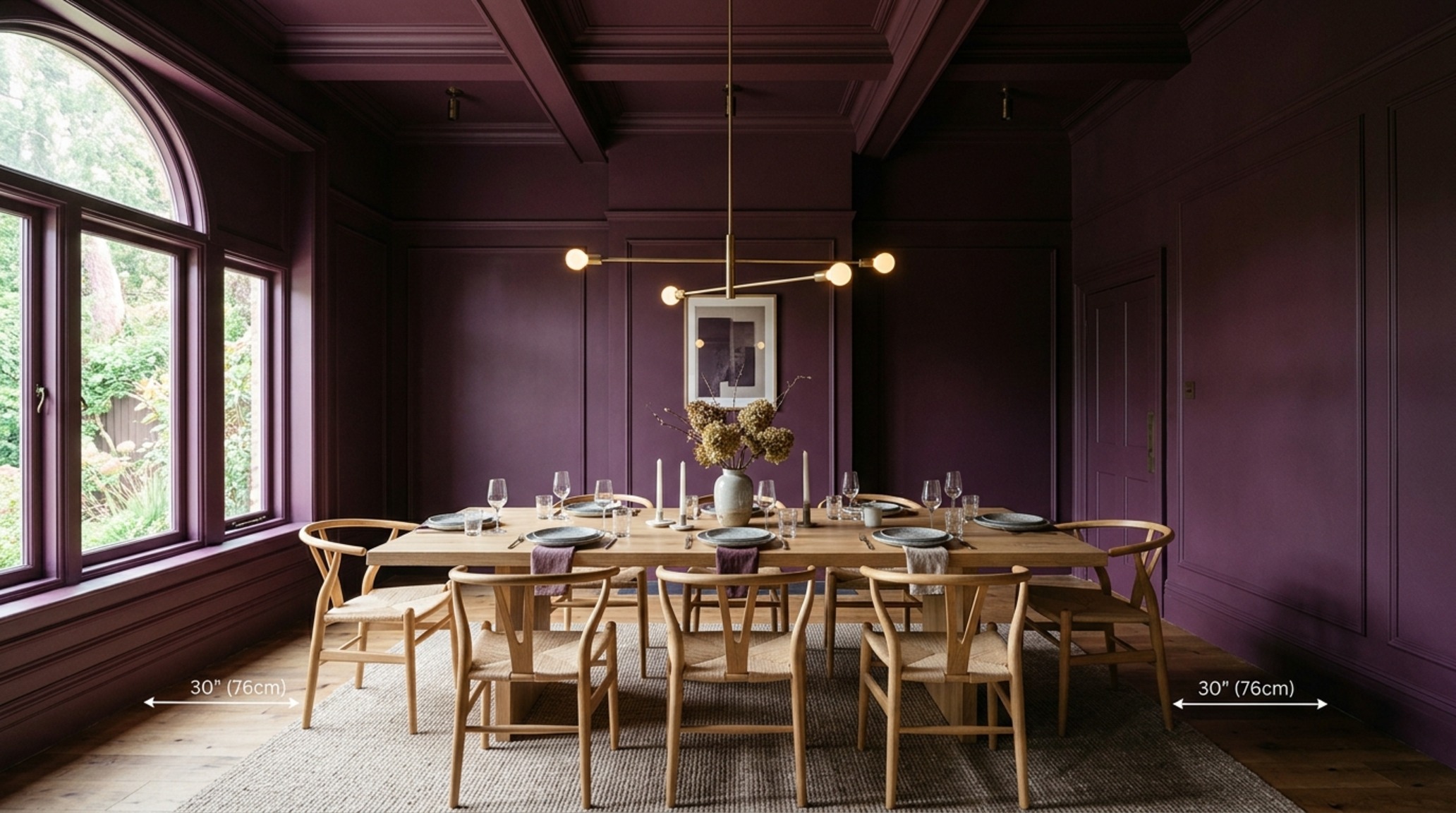 how color affects mood in a room illustrated by a high-ceilinged dining area with color-drenched deep plum walls and a natural wood table