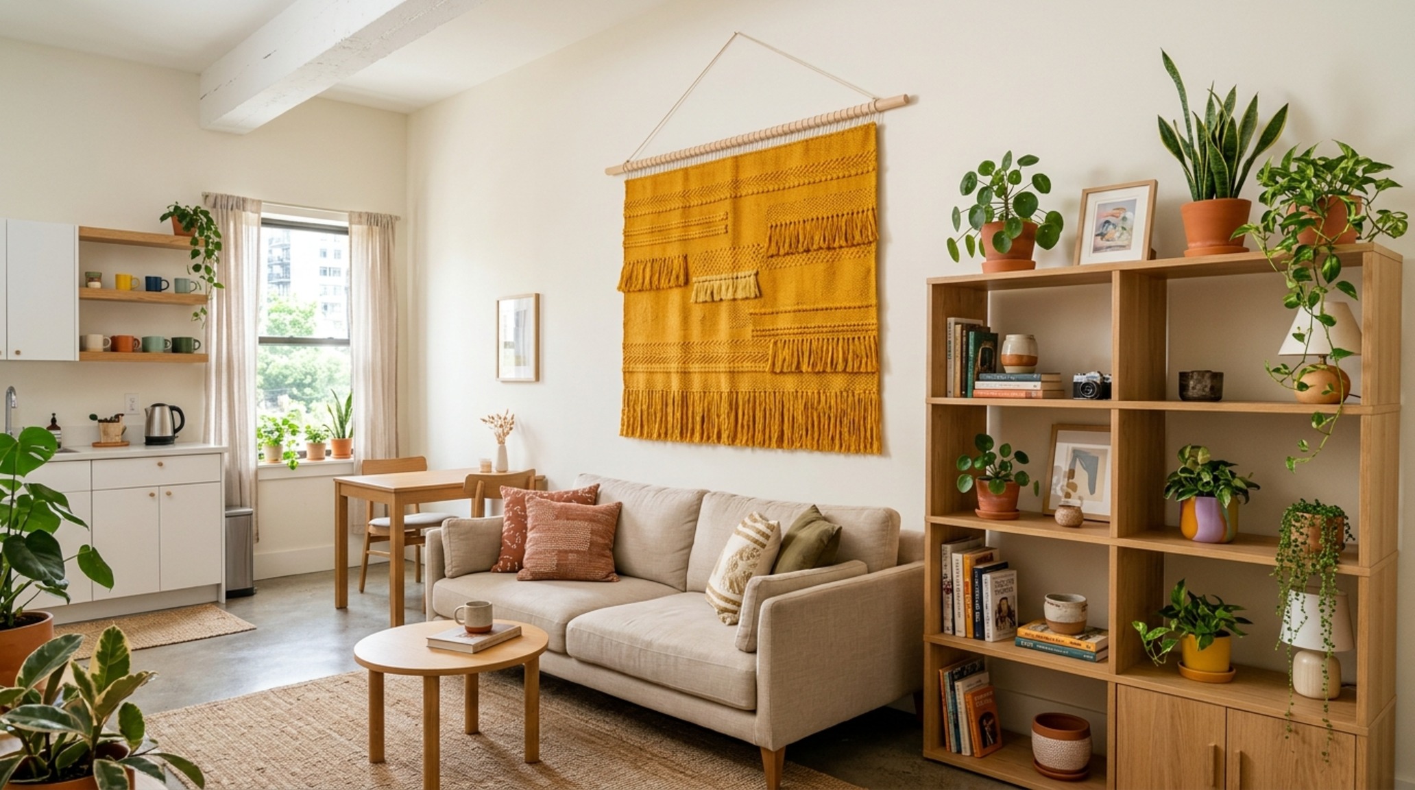 renter-friendly mood-boosting palettes showcased through large-scale ochre textile art and modular oak shelving in a bright open-plan studio