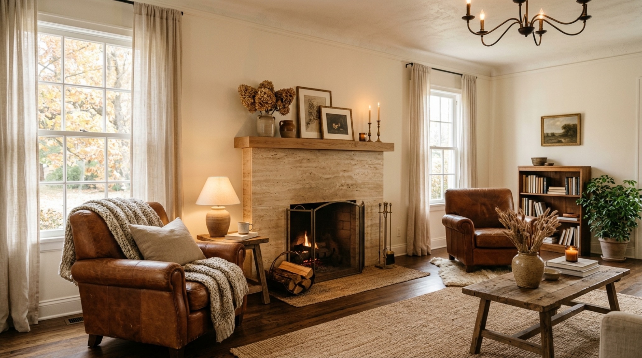 color psychology for modern living rooms highlighting the use of 'Swiss Coffee' white walls and warm cognac leather textures for emotional warmth