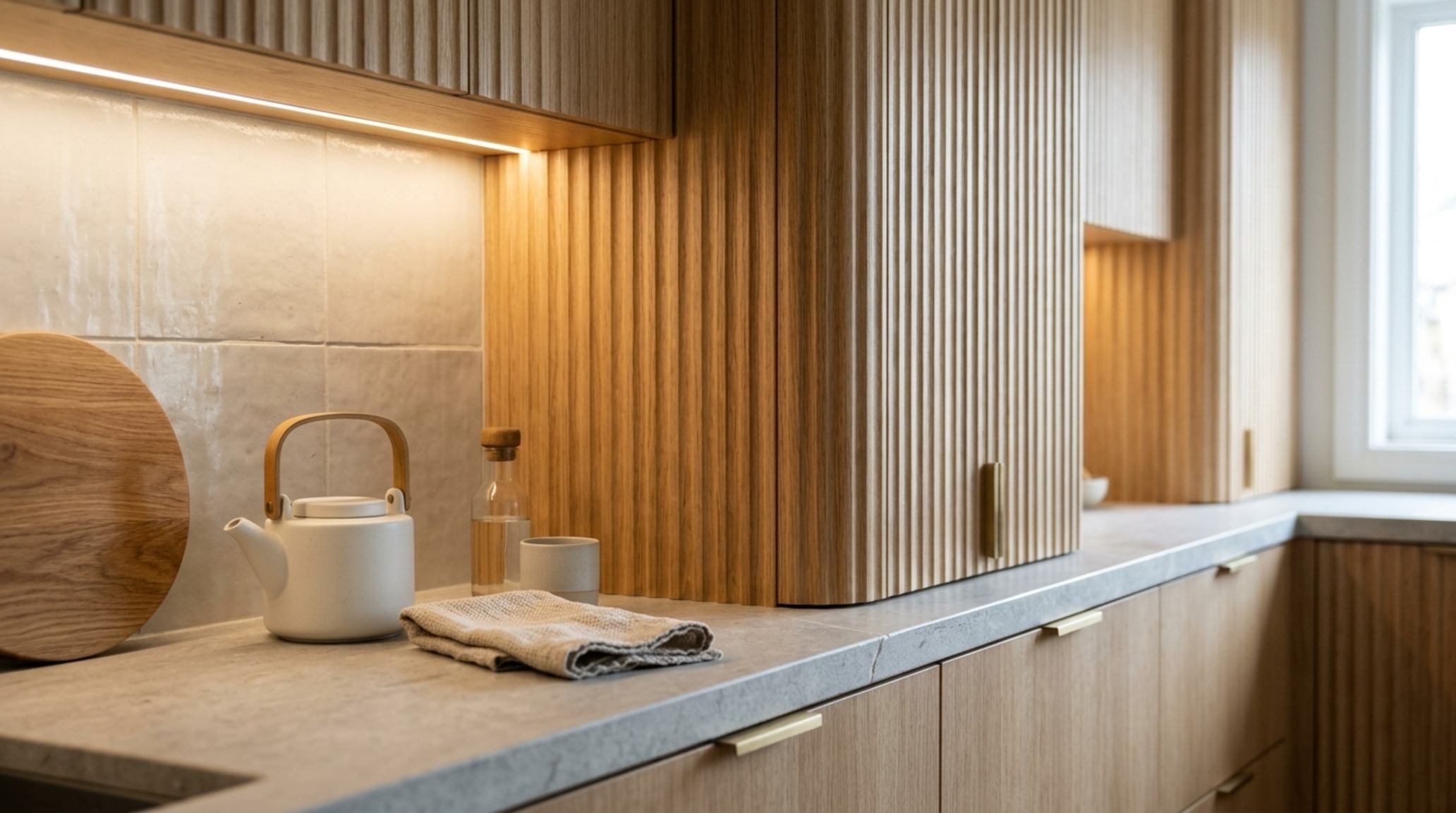 impact of lighting on paint colors focused on fluted white oak paneling illuminated by a 3000K integrated LED task light in a minimalist kitchen